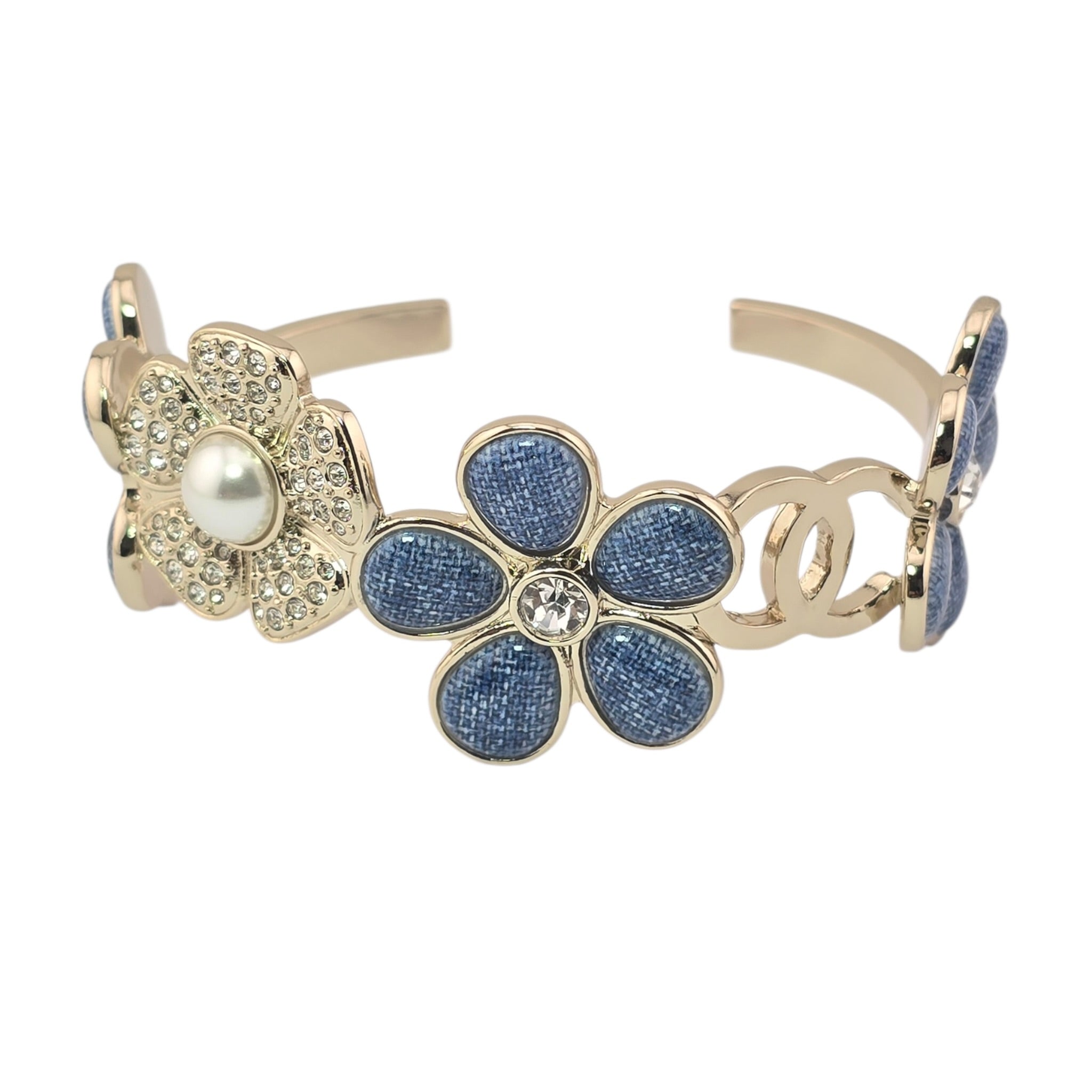 Chanel CC Blue Gold Flower Crystal Resin Denim Bangle 2026 CHANEL