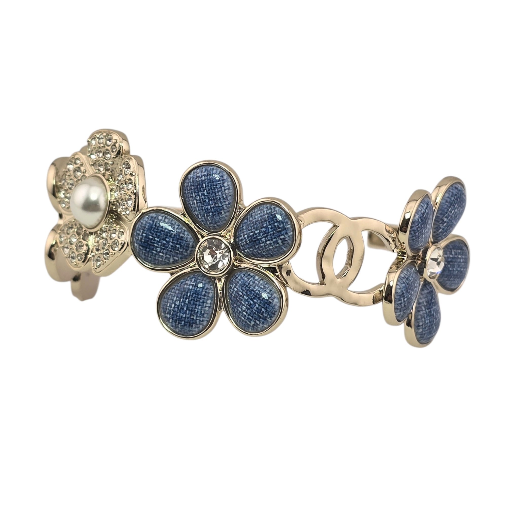 Chanel CC Blue Gold Flower Crystal Resin Denim Bangle 2026 CHANEL