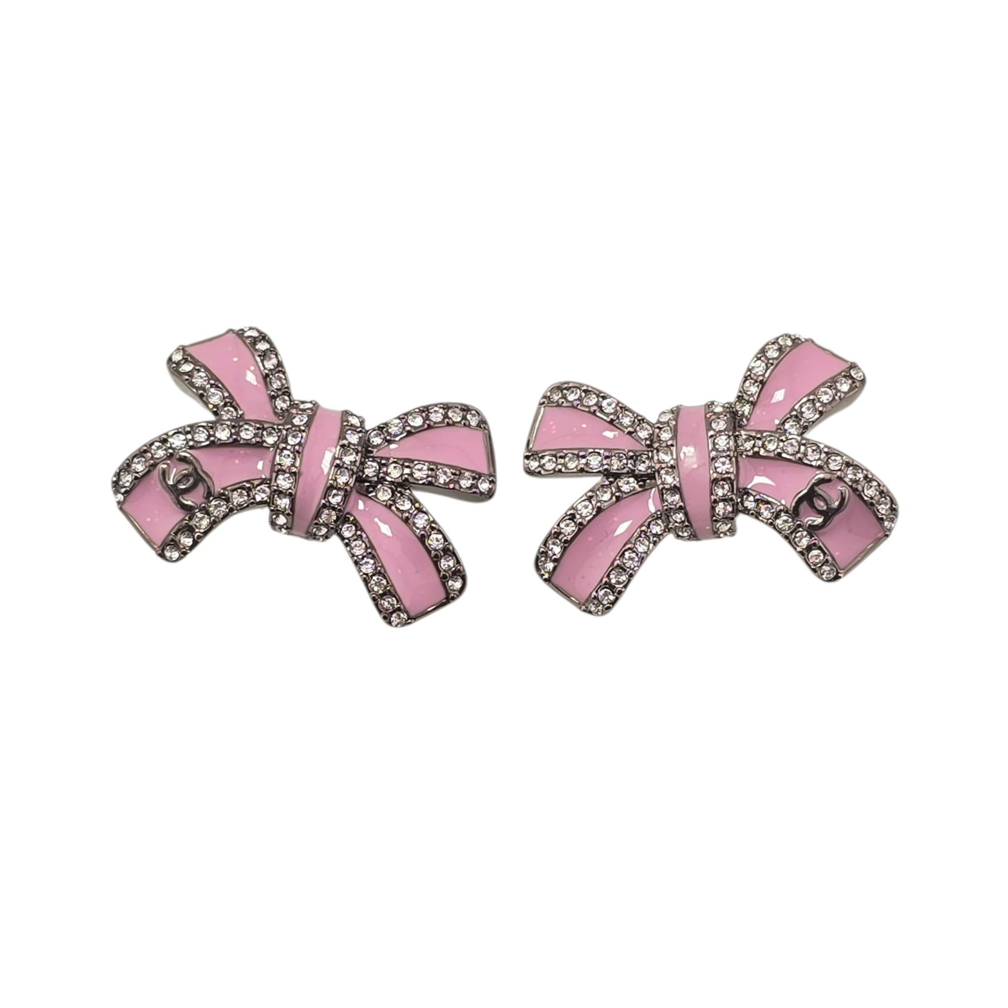 Chanel CC Silver Crystal Enamel Bow Earrings 2025 CHANEL