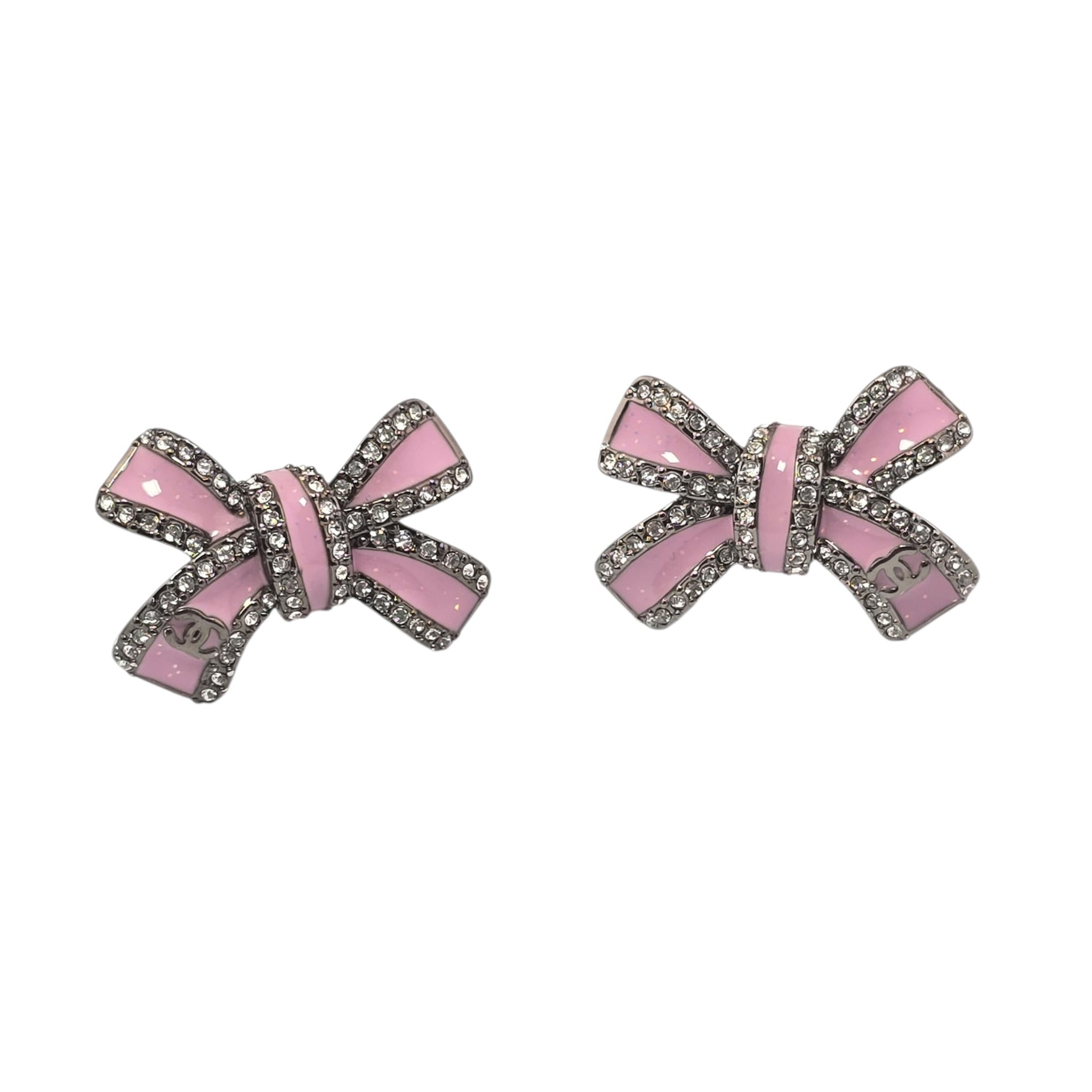 Chanel CC Silver Crystal Enamel Bow Earrings 2025 CHANEL