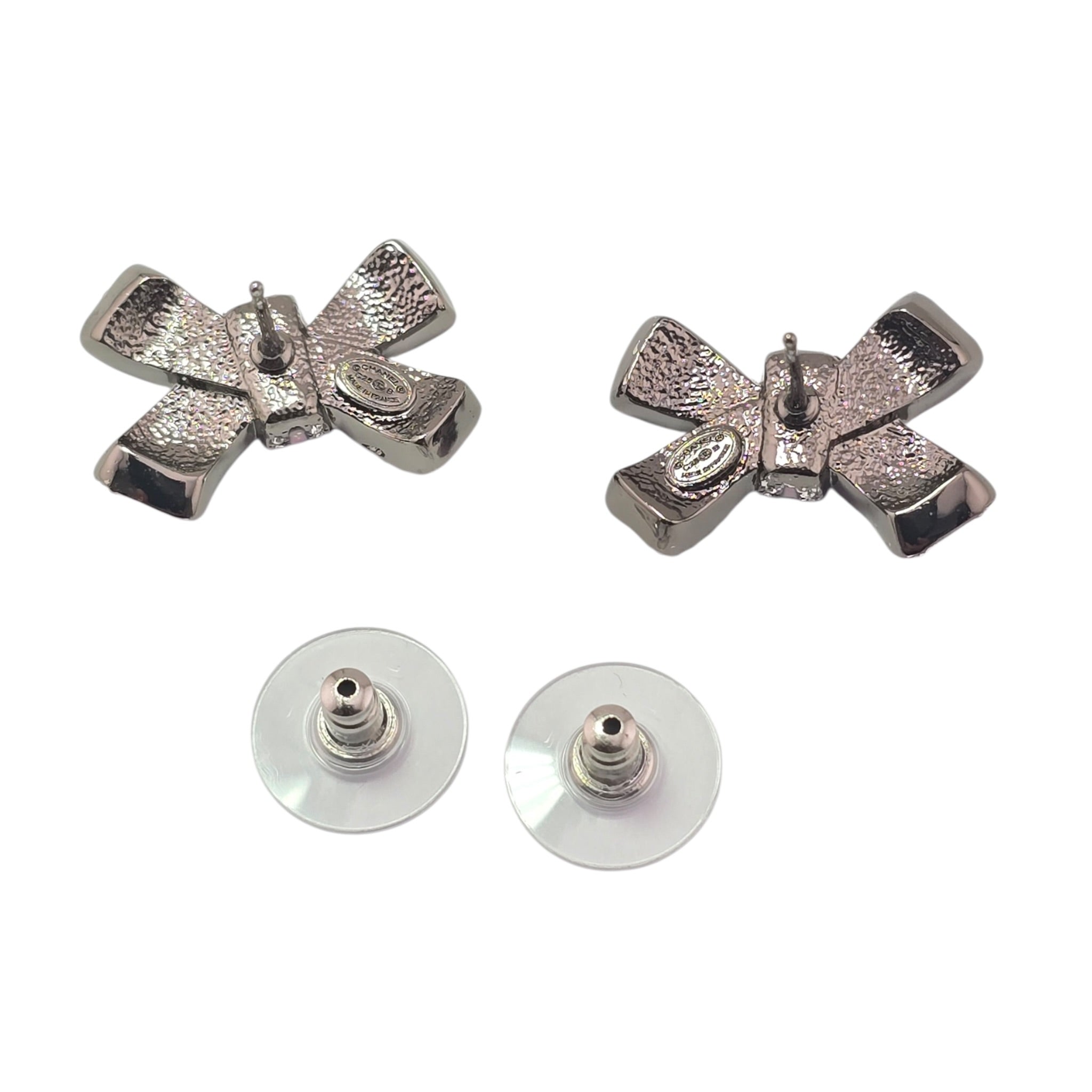 Chanel CC Silver Crystal Enamel Bow Earrings 2025 CHANEL