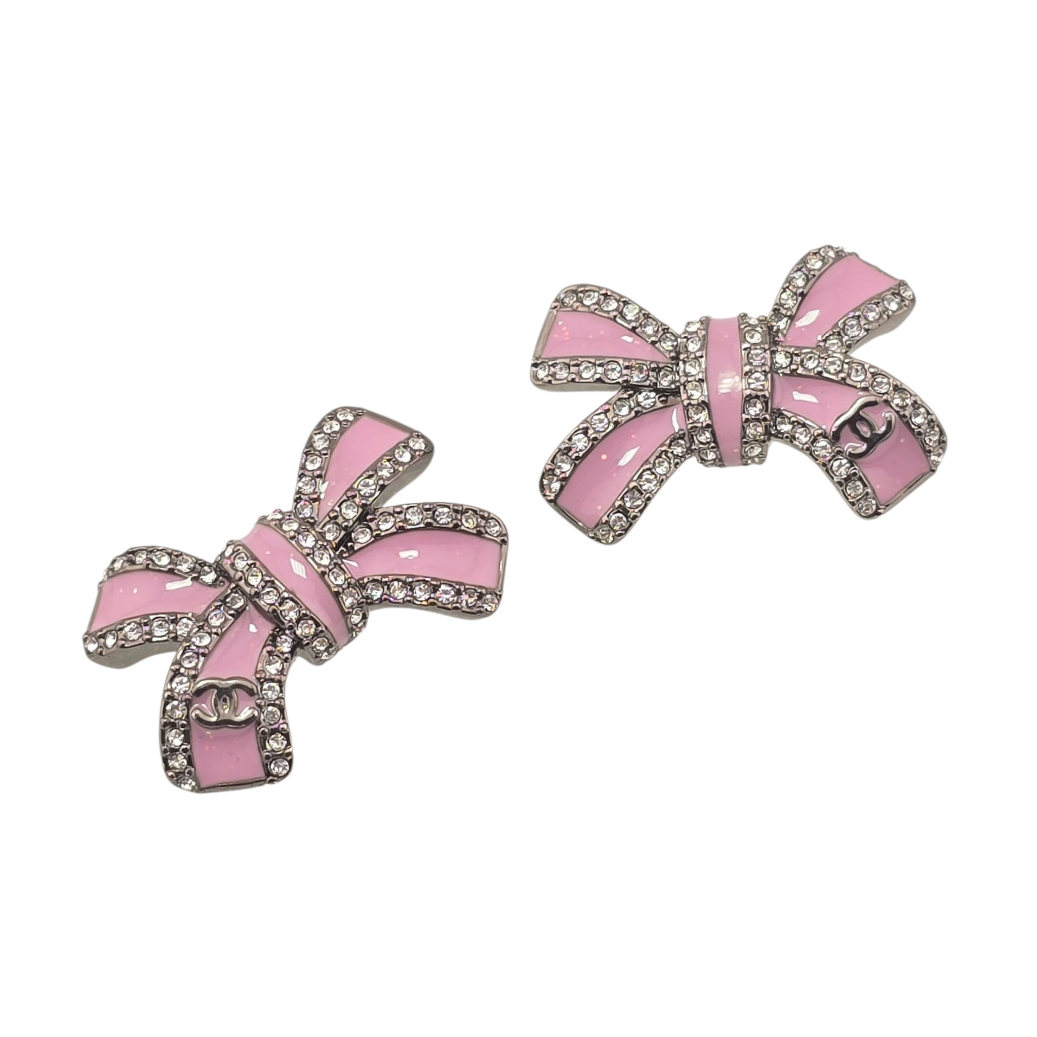 Chanel CC Silver Crystal Enamel Bow Earrings 2025 CHANEL