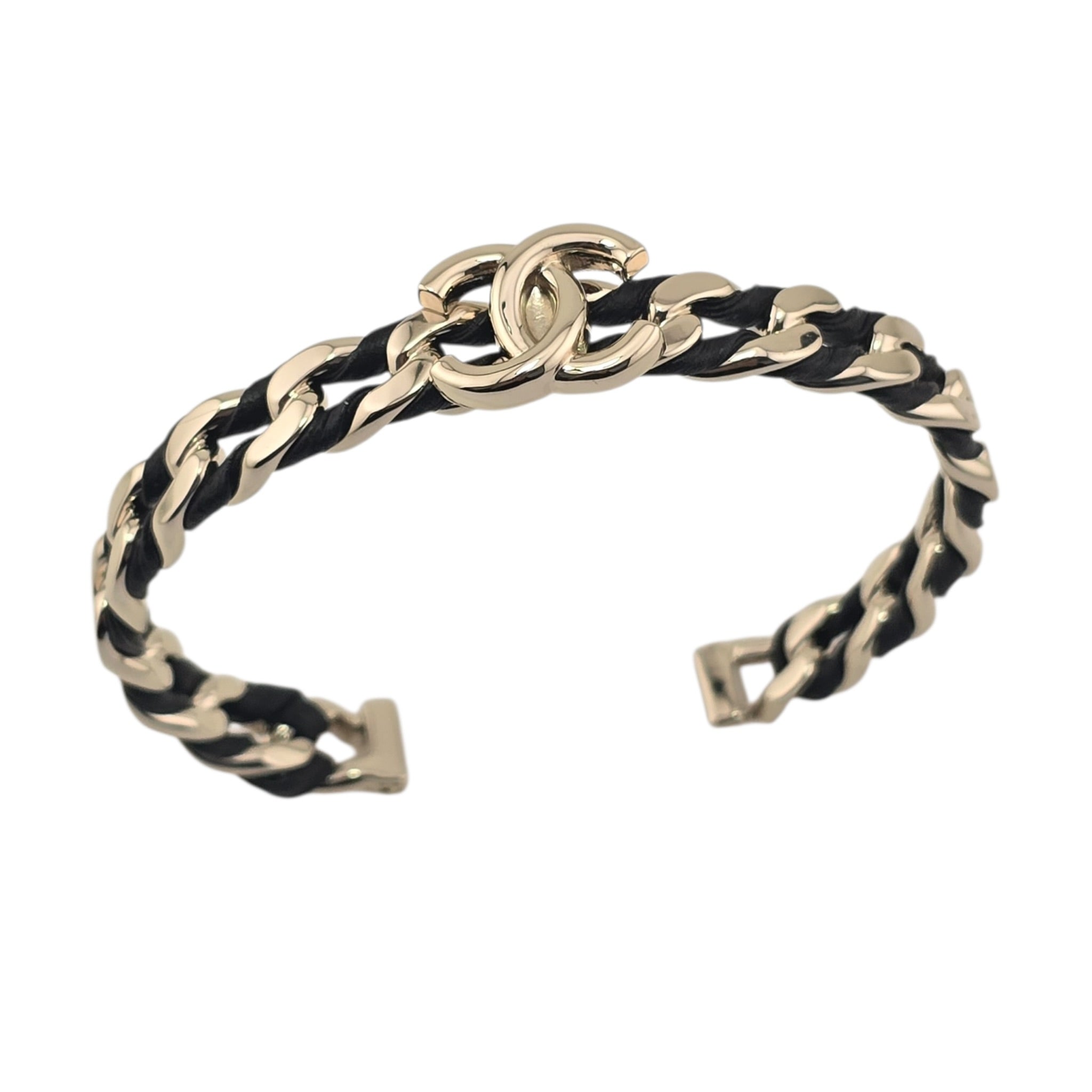 Chanel CC Gold Black Leather Cuff Bracelet 2026 CHANEL