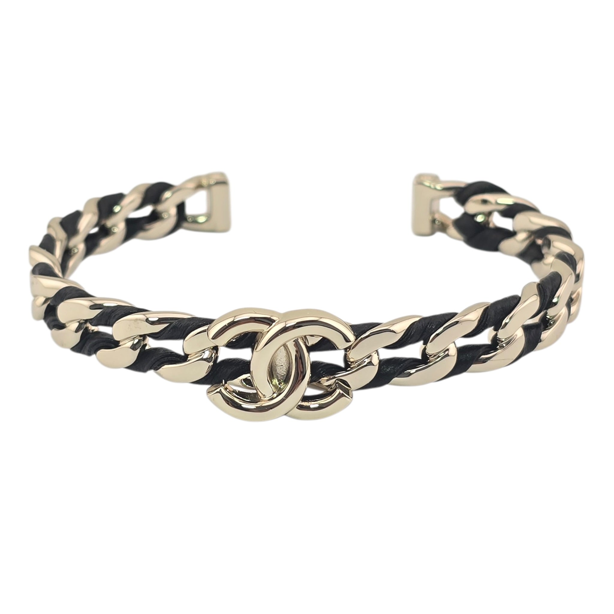 Chanel CC Gold Black Leather Cuff Bracelet 2026 CHANEL
