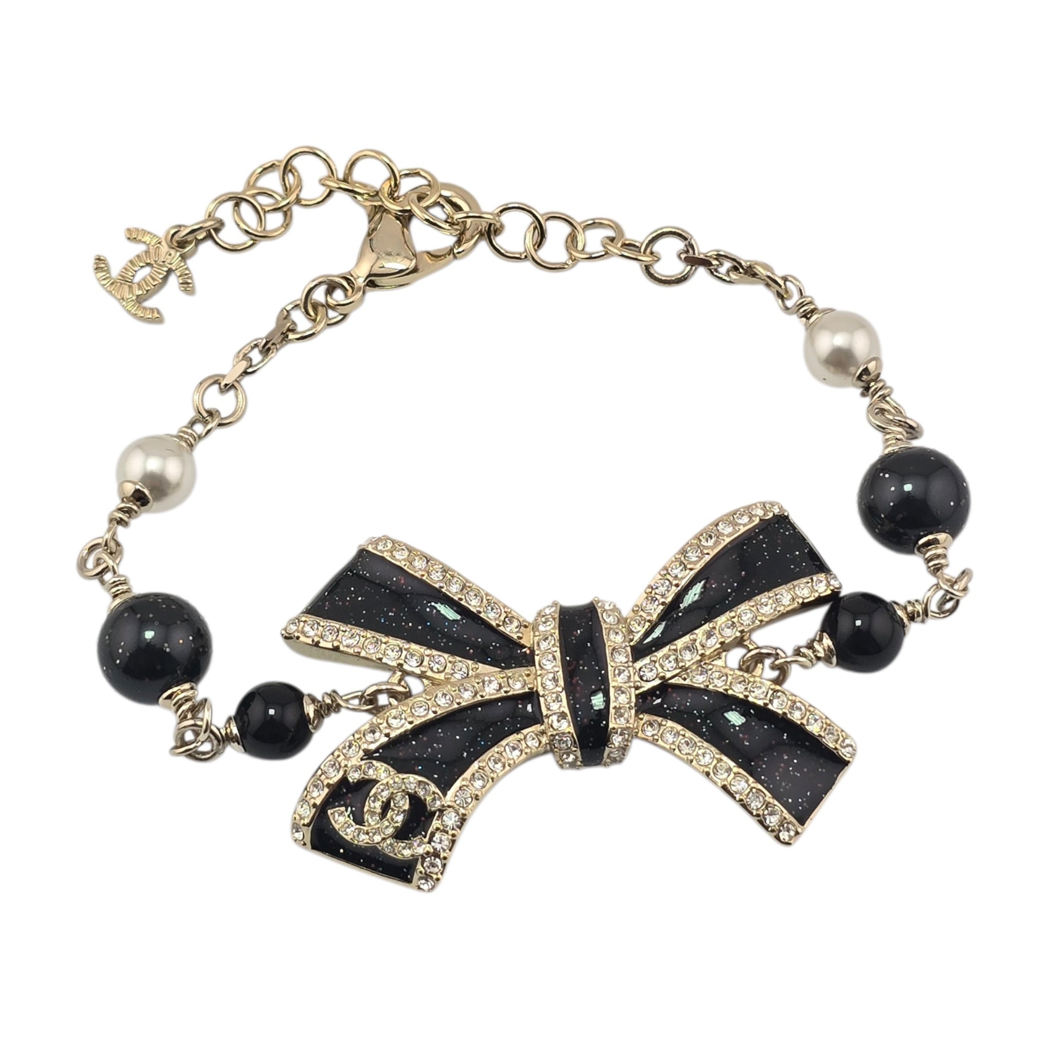 Chanel CC Gold Crystal Enamel Bow Pearl Bracelet 2025 CHANEL