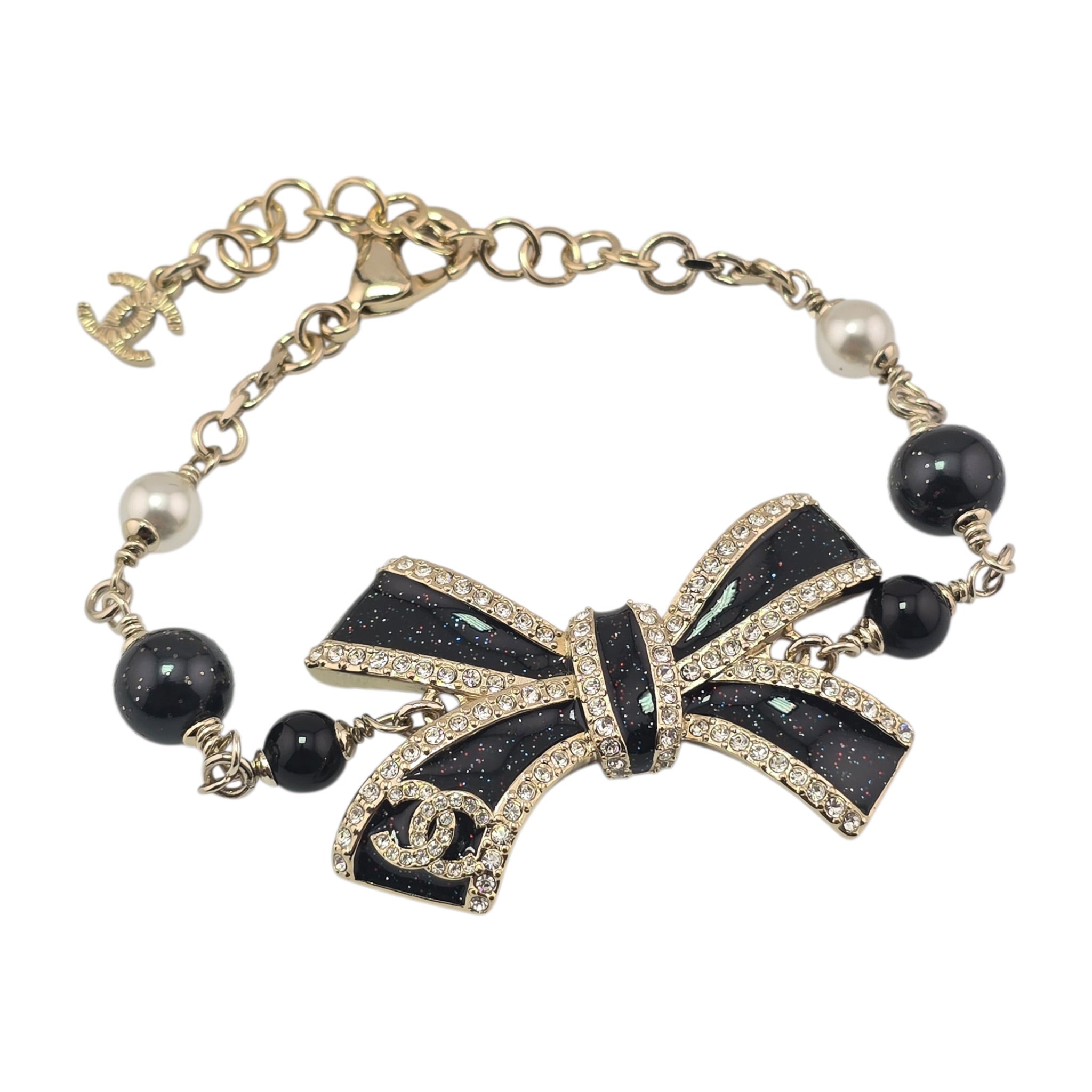 Chanel CC Gold Crystal Enamel Bow Pearl Bracelet 2025 CHANEL