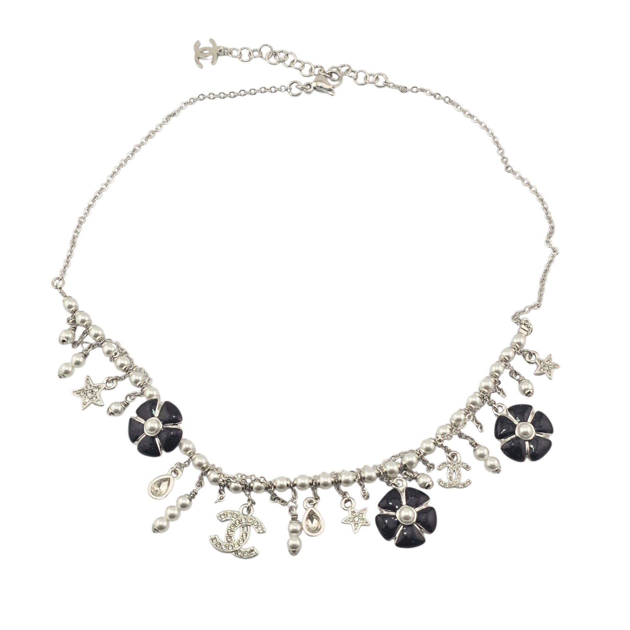 Chanel CC Camellia Black Silver Necklace 2026 CHANEL