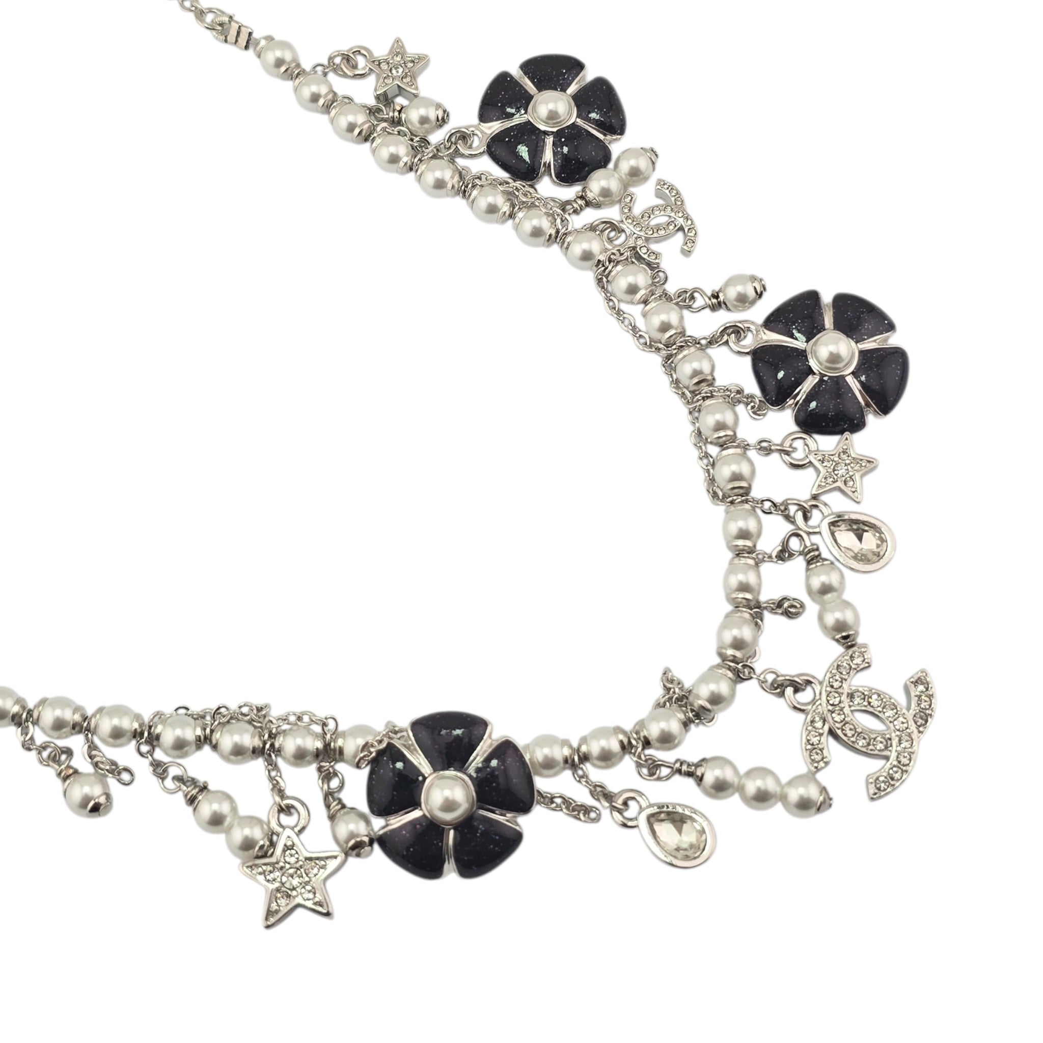 Chanel CC Camellia Black Silver Necklace 2026 CHANEL