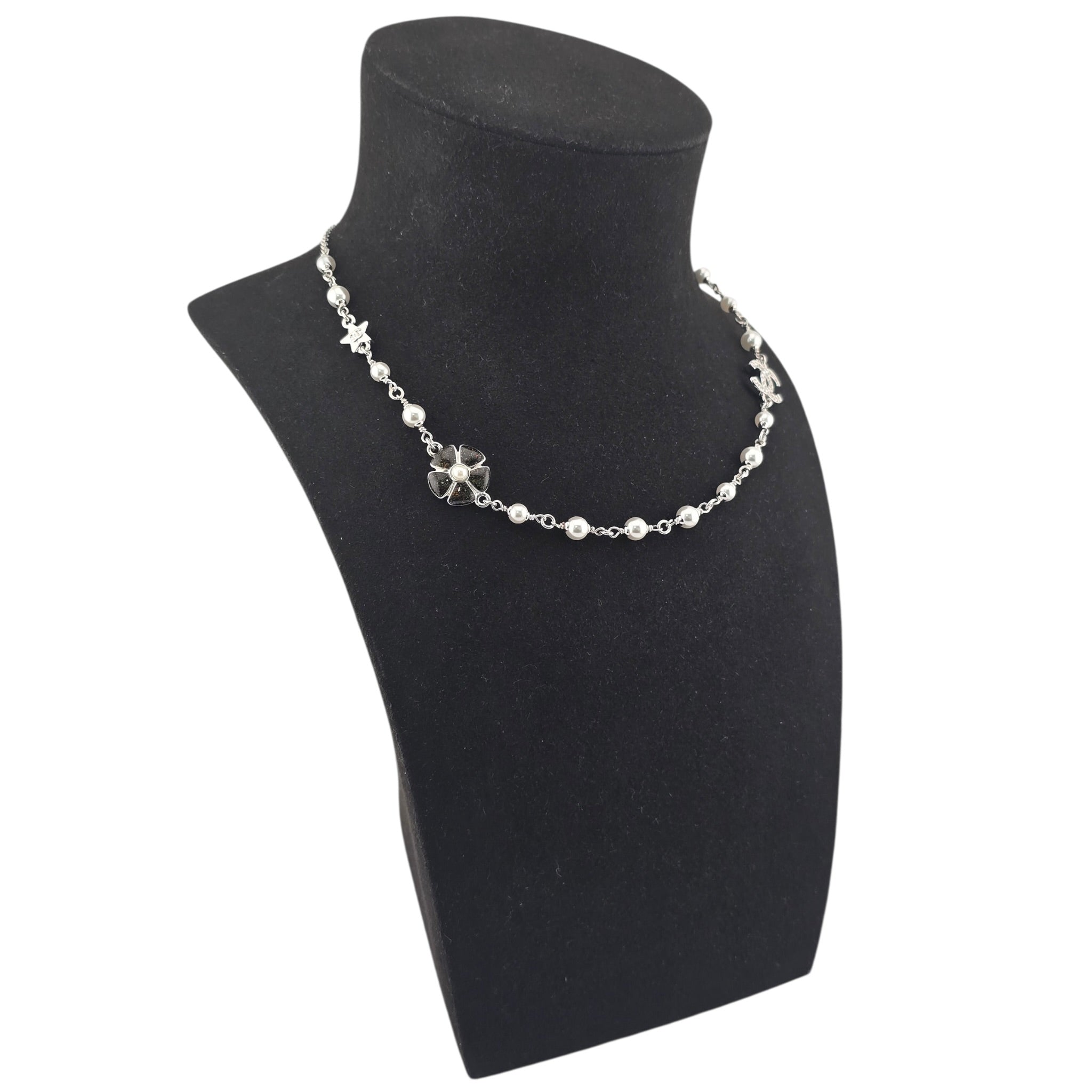 Chanel CC Black Enamel Camellia Pearl Pendant Necklace 2025 CHANEL