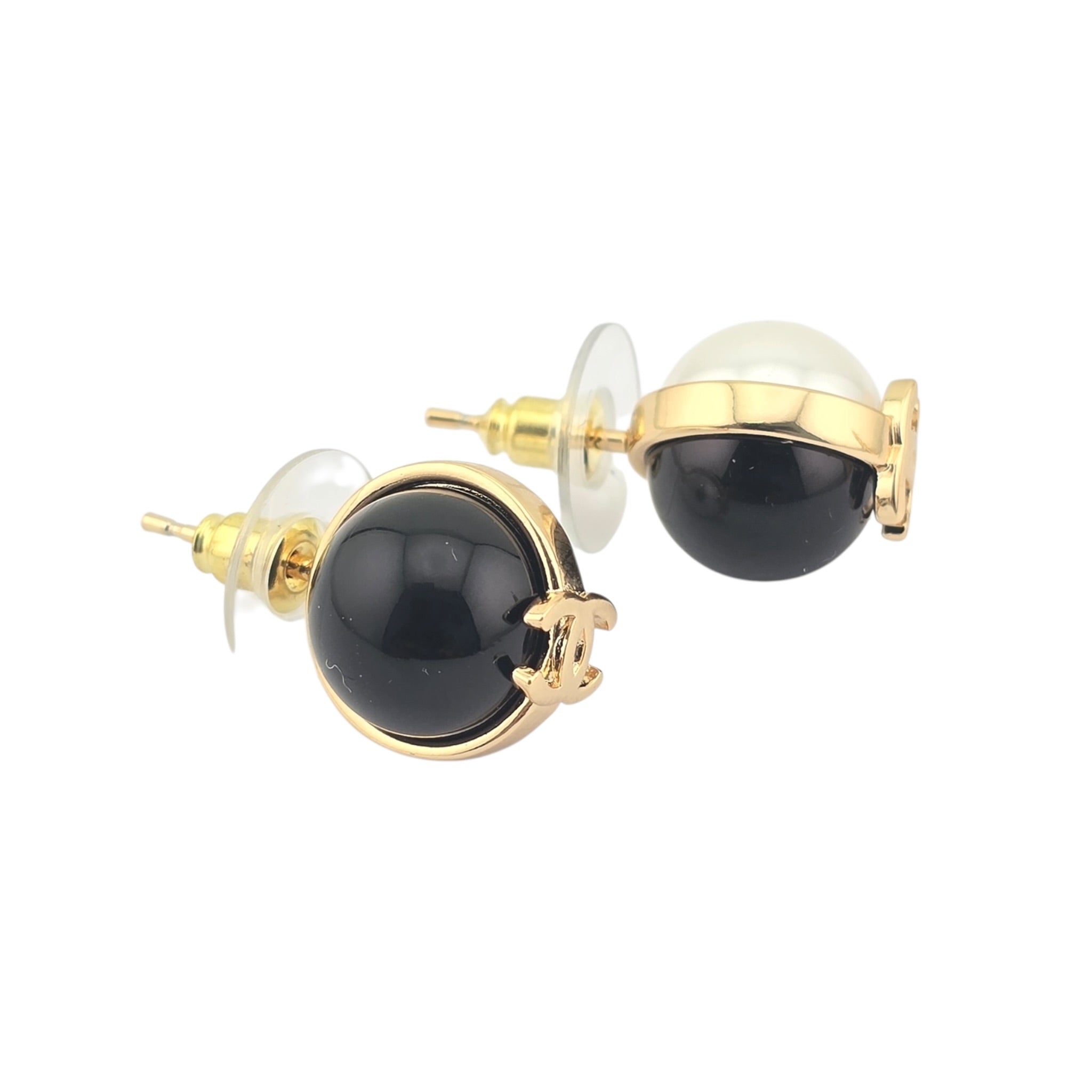 Chanel Pearl Metal CC Stud Earrings Gold Black White CHANEL
