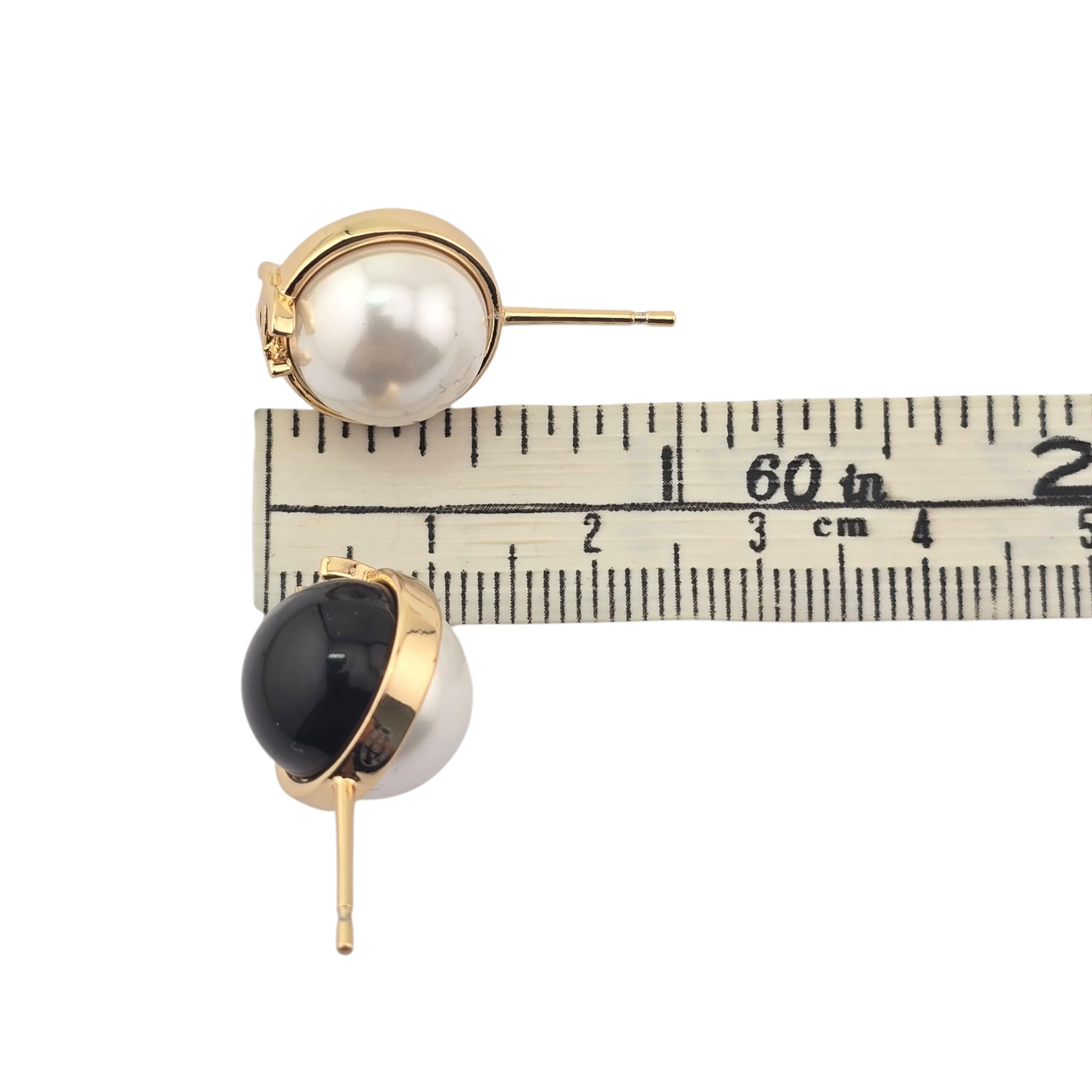 Chanel Pearl Metal CC Stud Earrings Gold Black White CHANEL