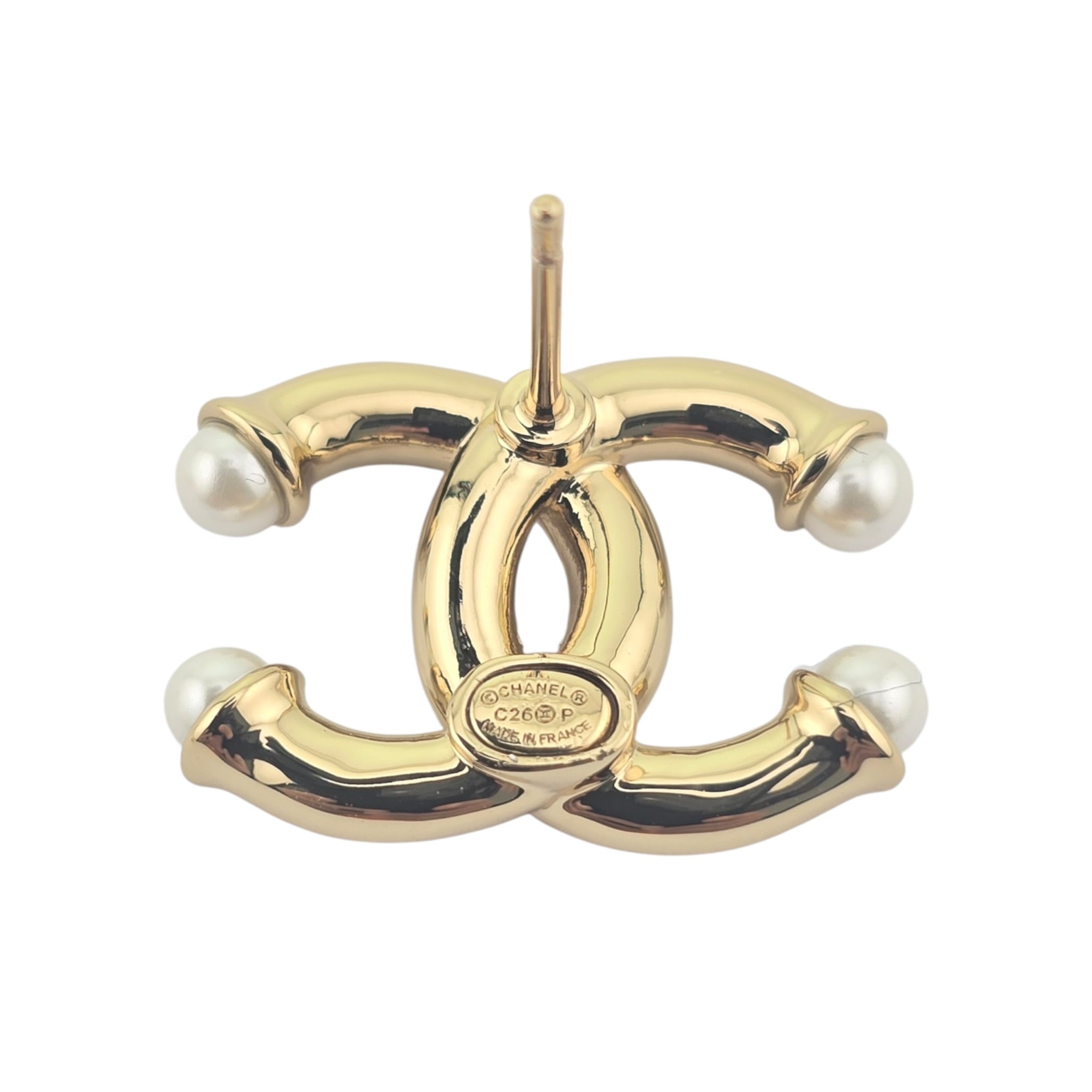Chanel CC Gold Faux Pearl Stud Earrings 2026 CHANEL