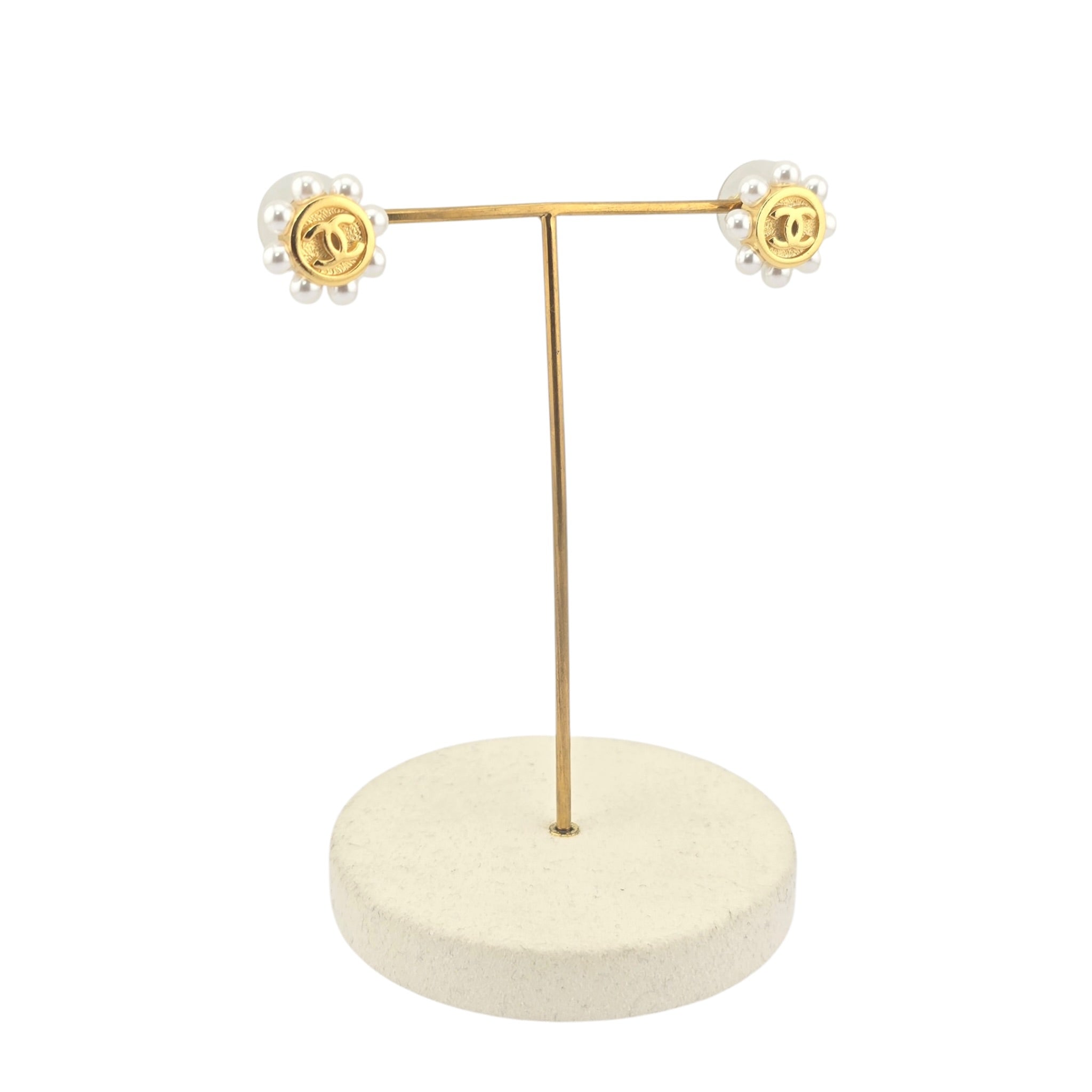 Chanel CC Gold Faux Pearl Round Stud Earrings 2026 CHANEL