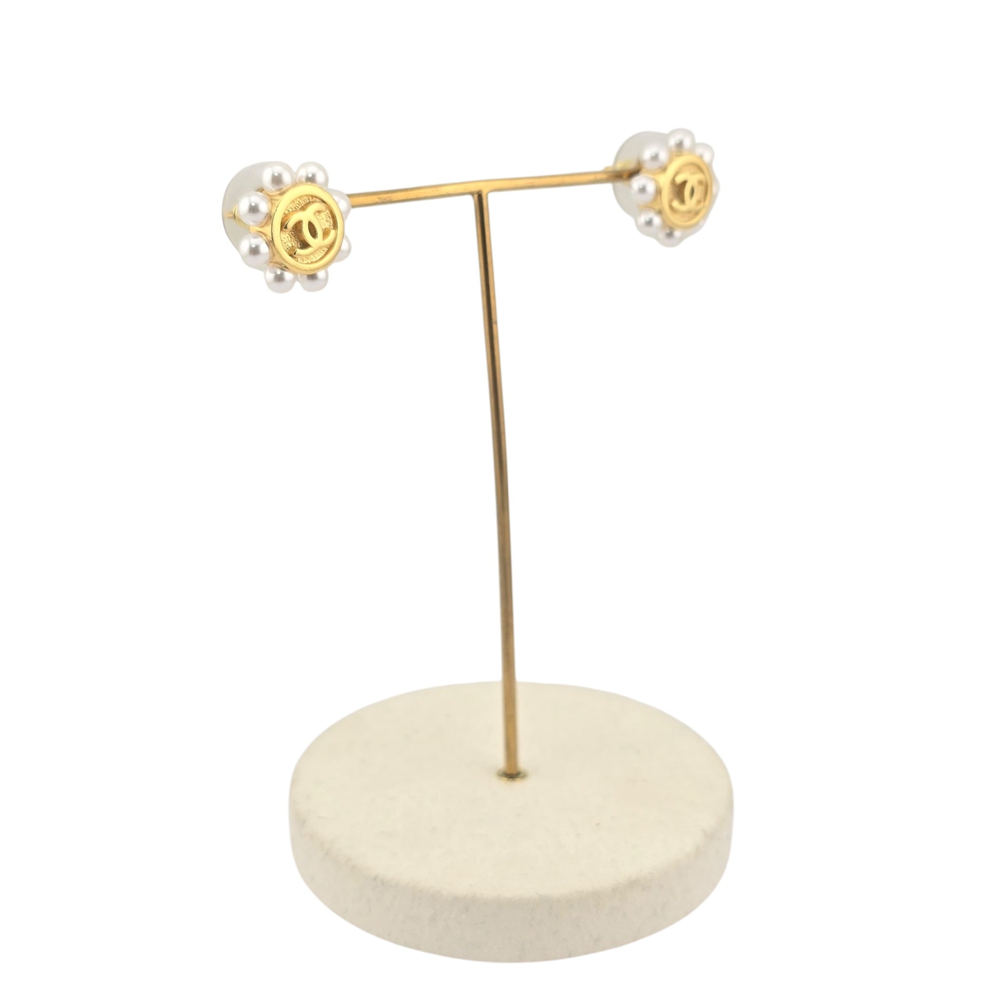 Chanel CC Gold Faux Pearl Round Stud Earrings 2026 CHANEL