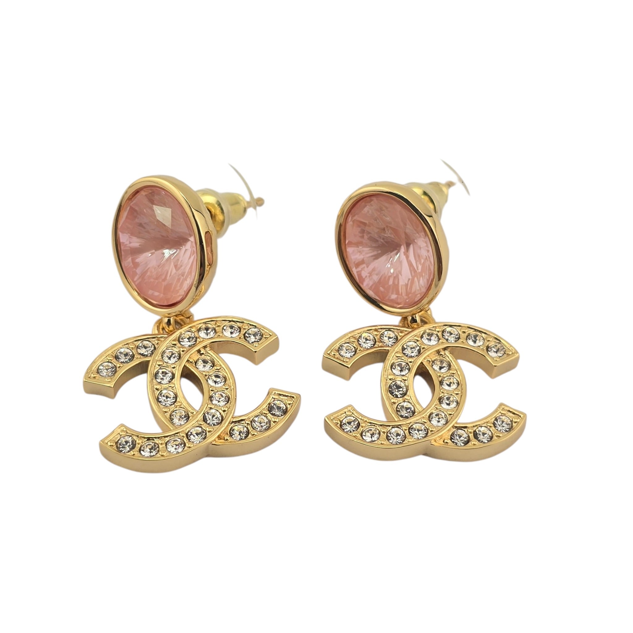 Chanel CC Gold Pink Crystal Drop Earrings 2025 CHANEL