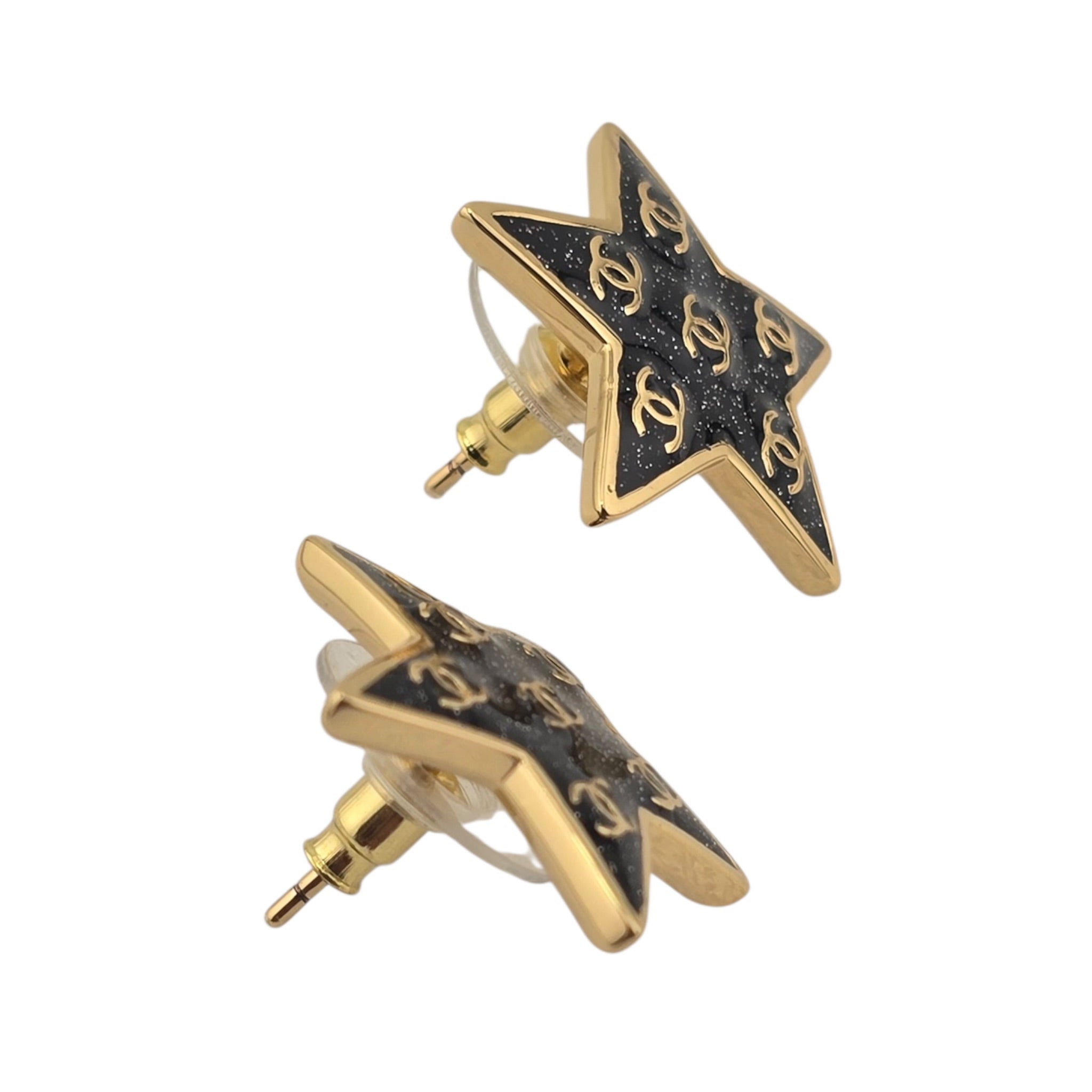 Chanel CC Black Gold Resin Star Stud Earrings 2024 CHANEL