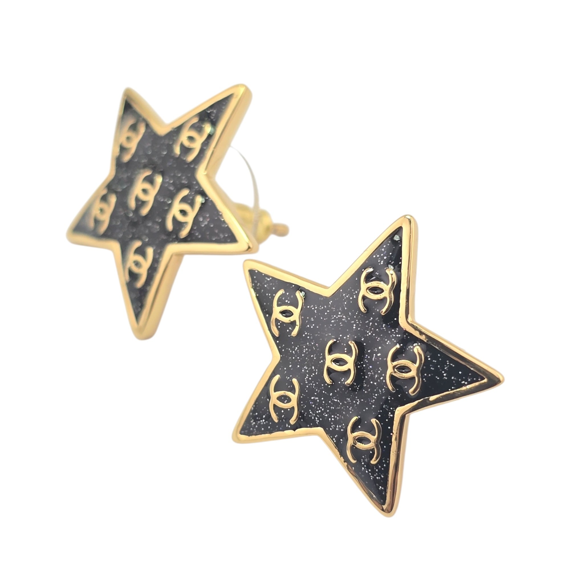 Chanel CC Black Gold Resin Star Stud Earrings 2024 CHANEL