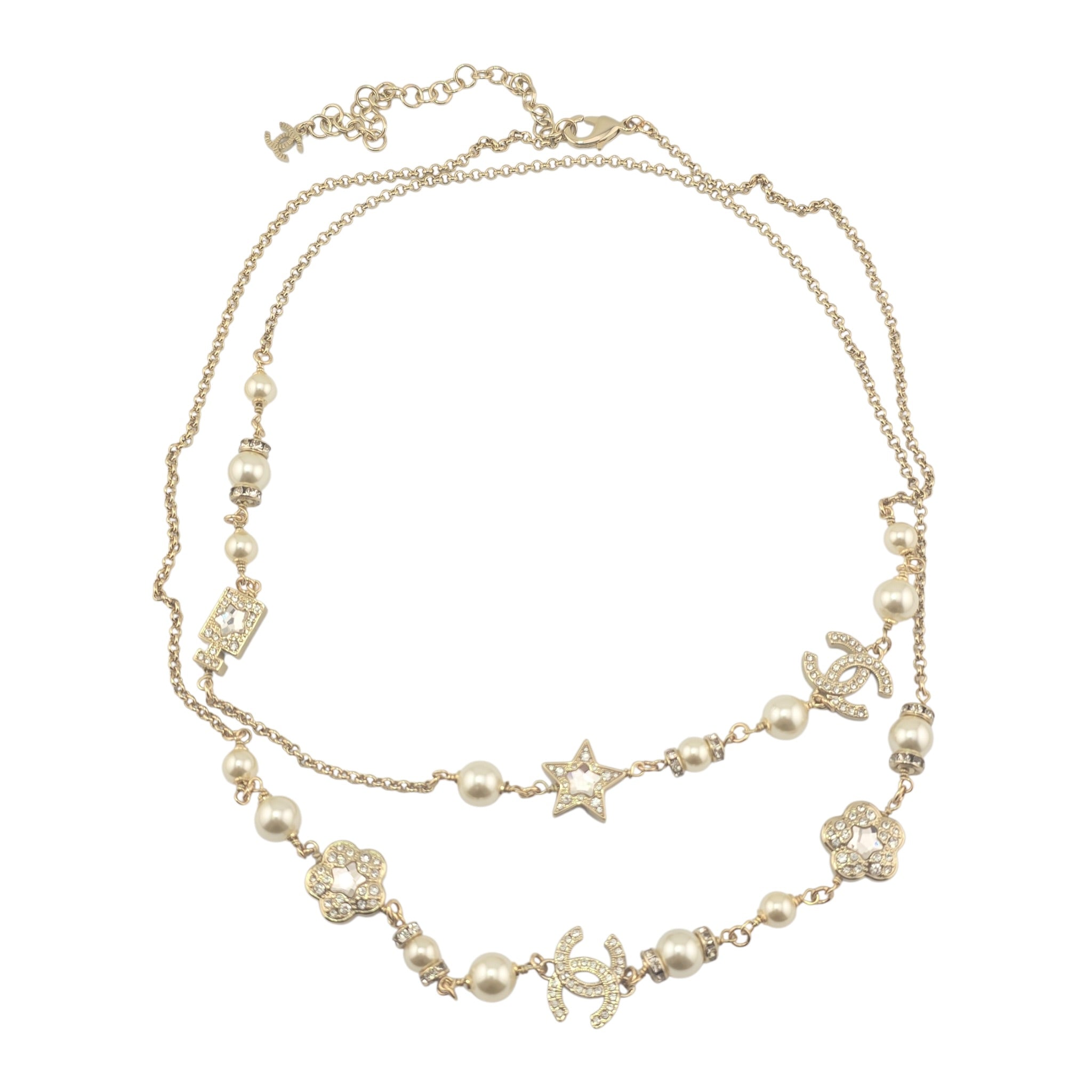 Chanel CC Faux Pearl Crystal Star Camellia Long Necklace 2025 CHANEL