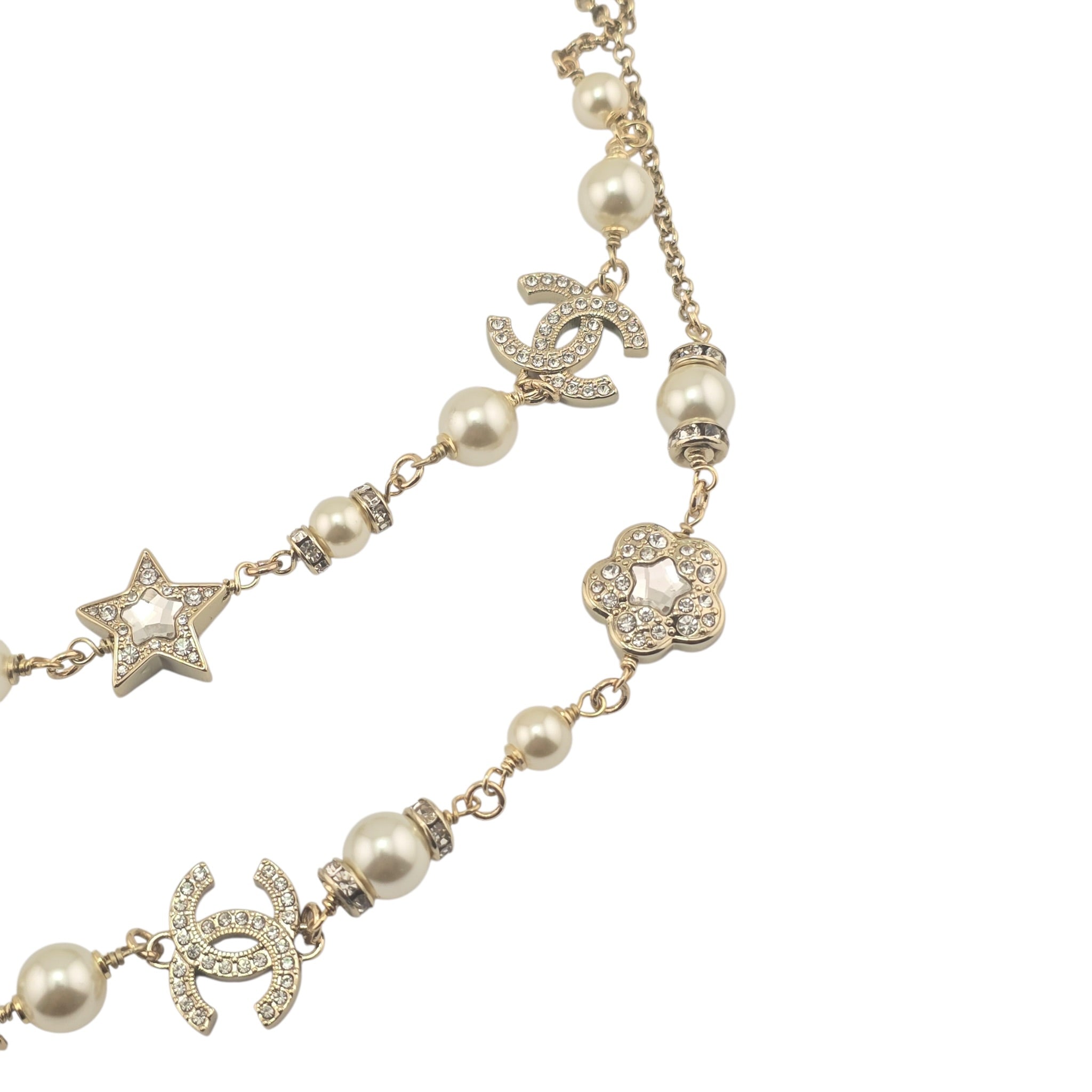 Chanel CC Faux Pearl Crystal Star Camellia Long Necklace 2025 CHANEL