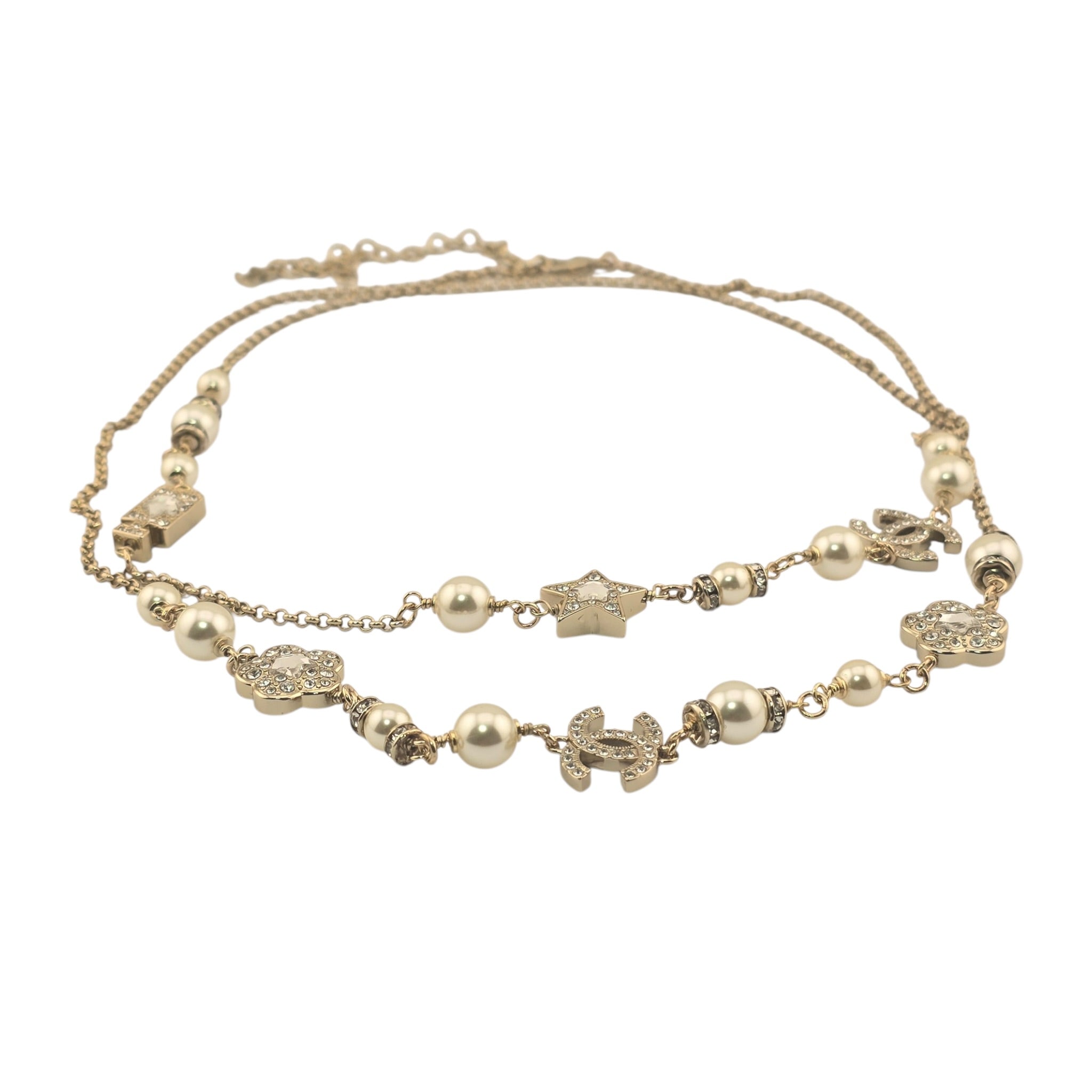 Chanel CC Faux Pearl Crystal Star Camellia Long Necklace 2025 CHANEL