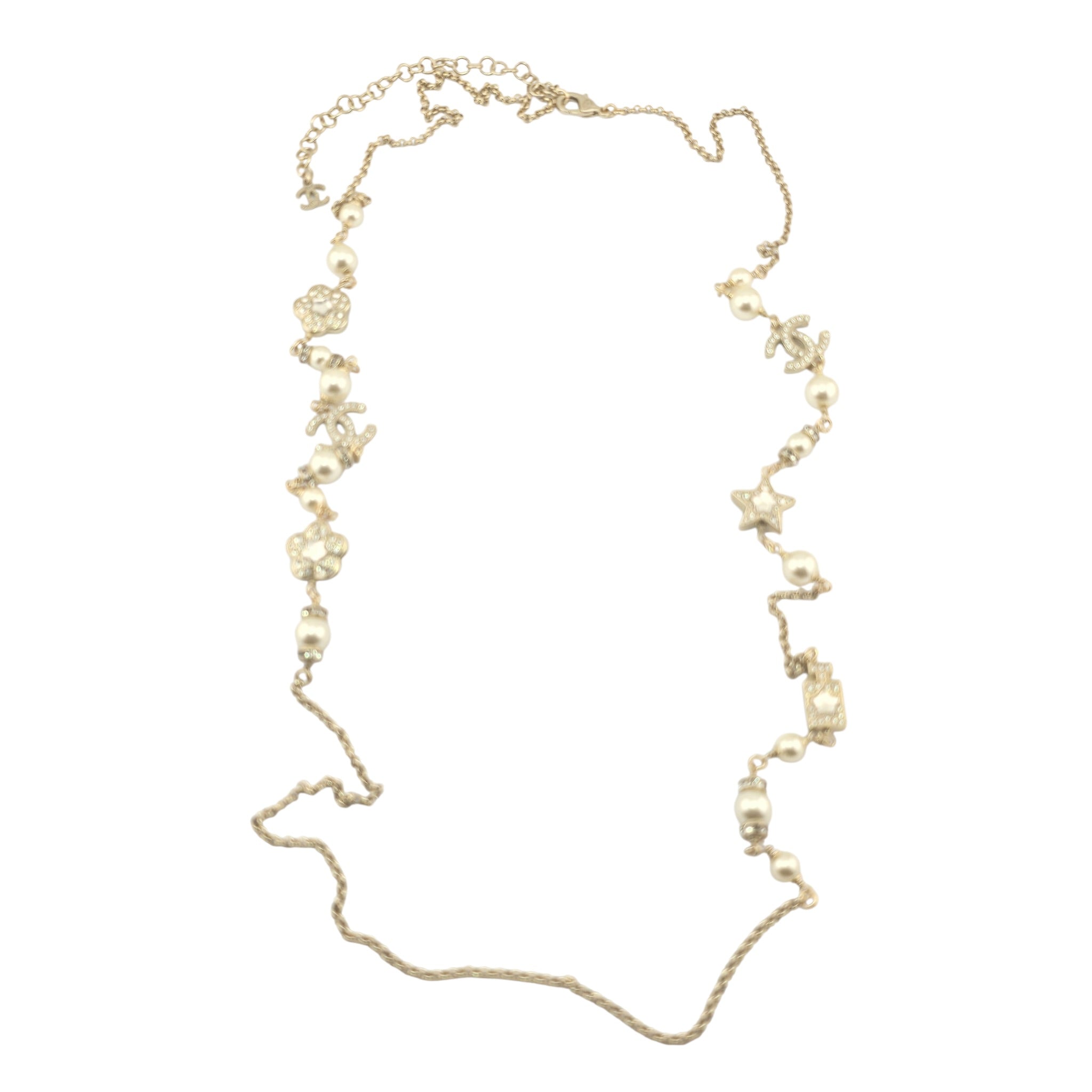 Chanel CC Faux Pearl Crystal Star Camellia Long Necklace 2025 CHANEL