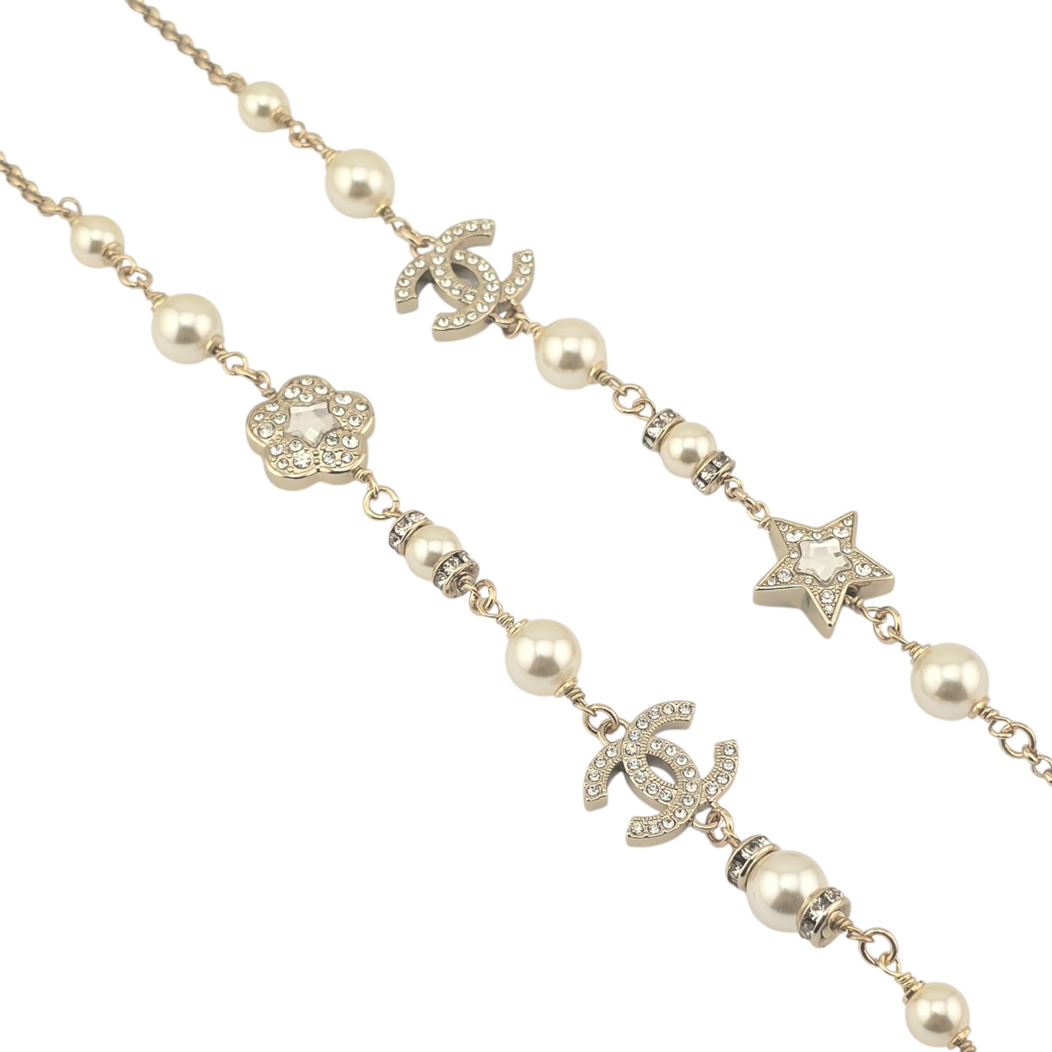Chanel CC Faux Pearl Crystal Star Camellia Long Necklace 2025 CHANEL