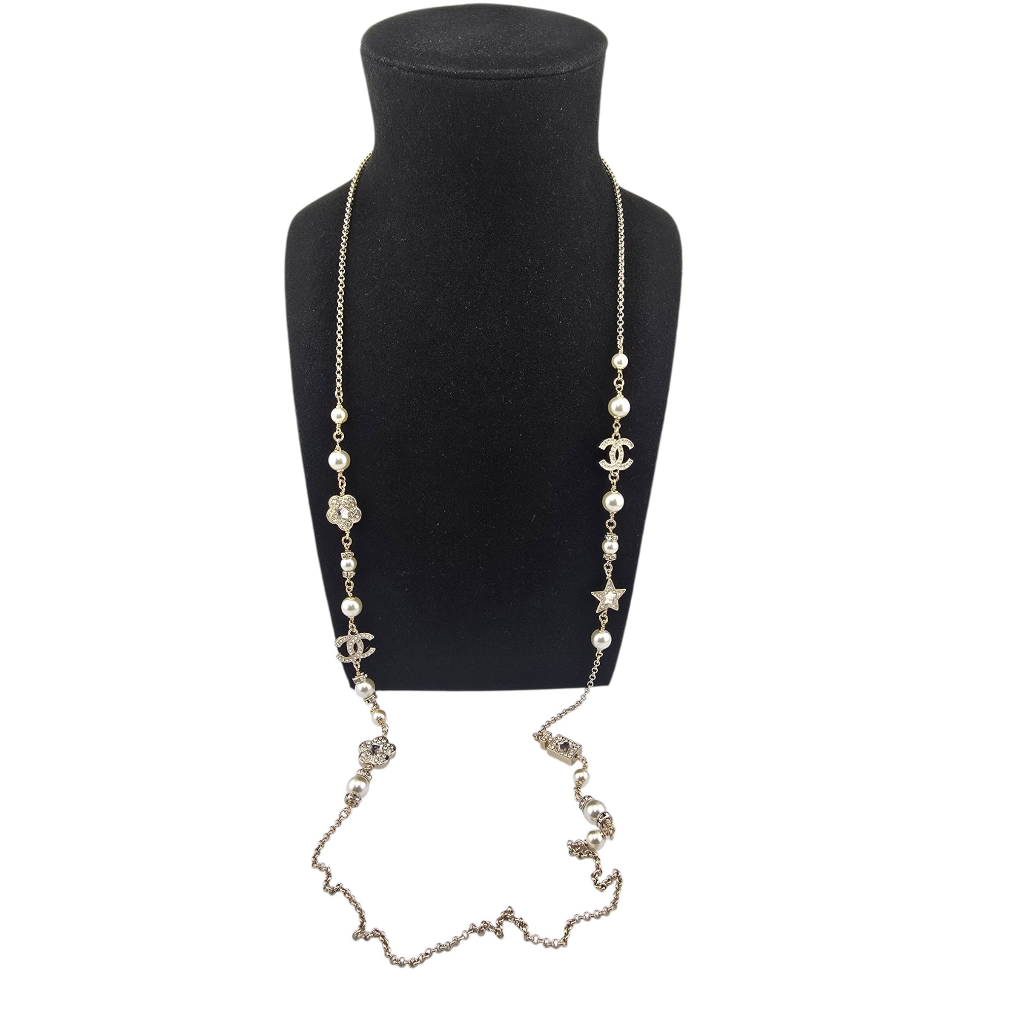 Chanel CC Faux Pearl Crystal Star Camellia Long Necklace 2025 CHANEL