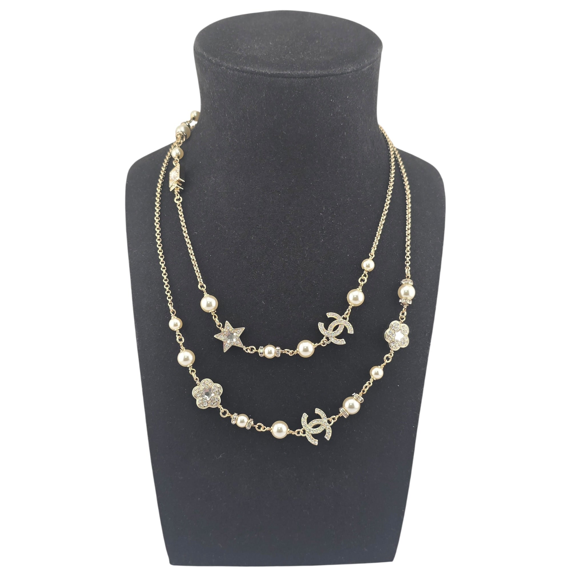 Chanel CC Faux Pearl Crystal Star Camellia Long Necklace 2025 CHANEL
