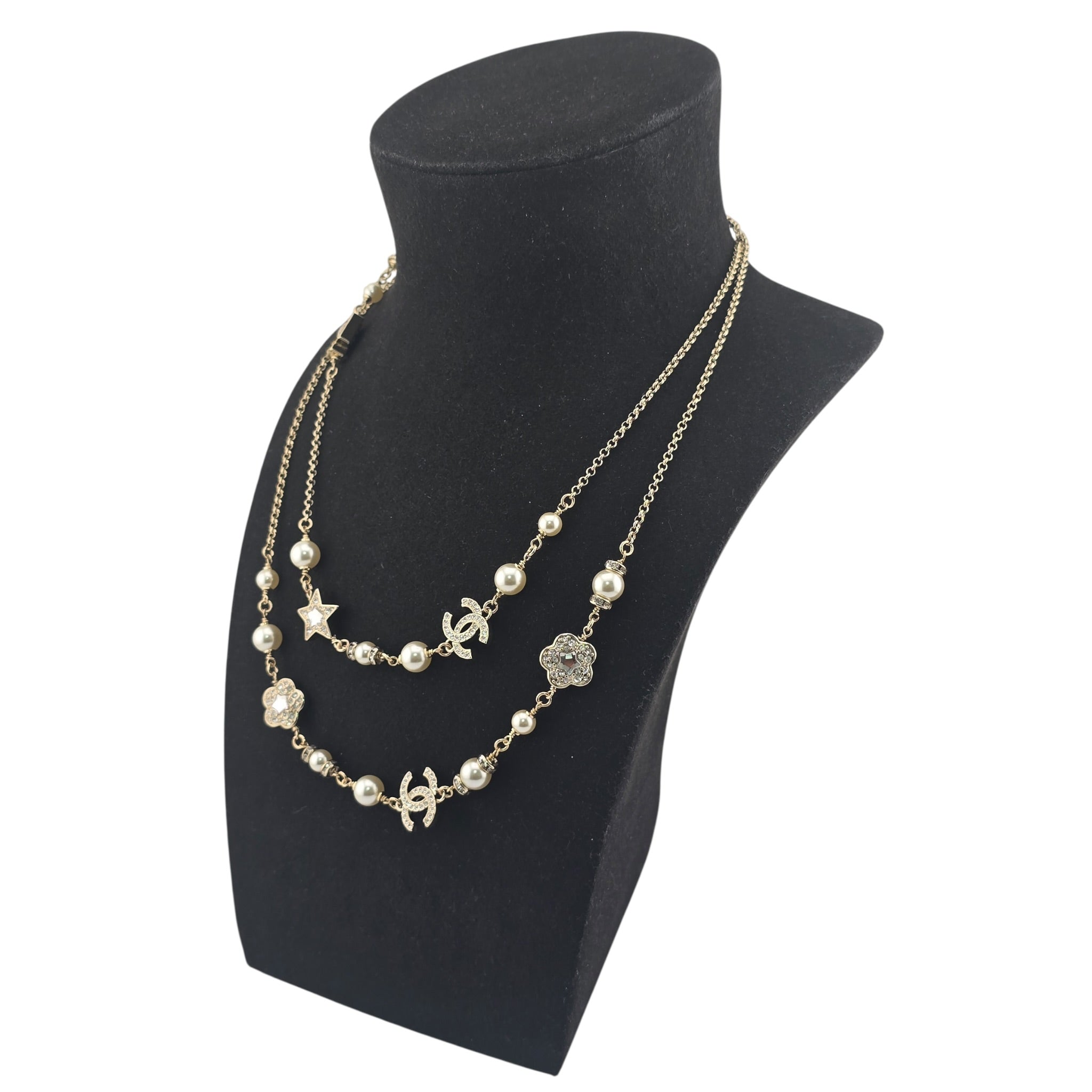 Chanel CC Faux Pearl Crystal Star Camellia Long Necklace 2025 CHANEL