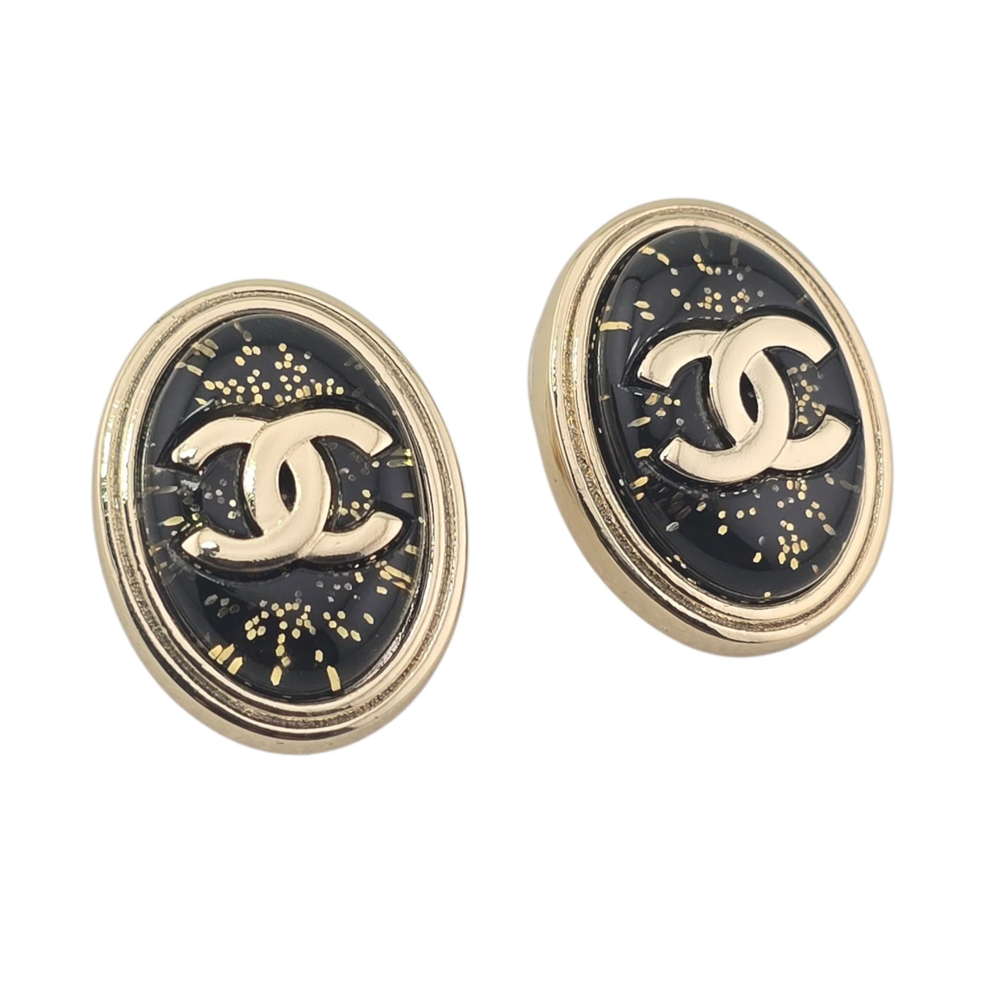 Chanel CC Metal Resin Oval Earrings Black Gold 2025 CHANEL