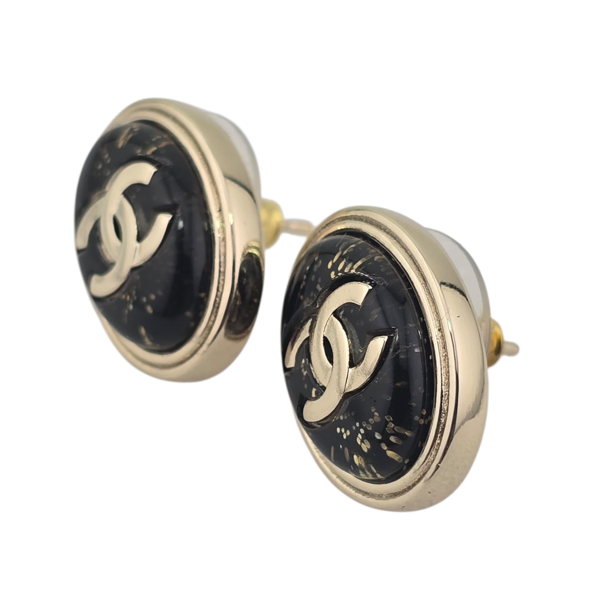Chanel CC Metal Resin Oval Earrings Black Gold 2025 CHANEL