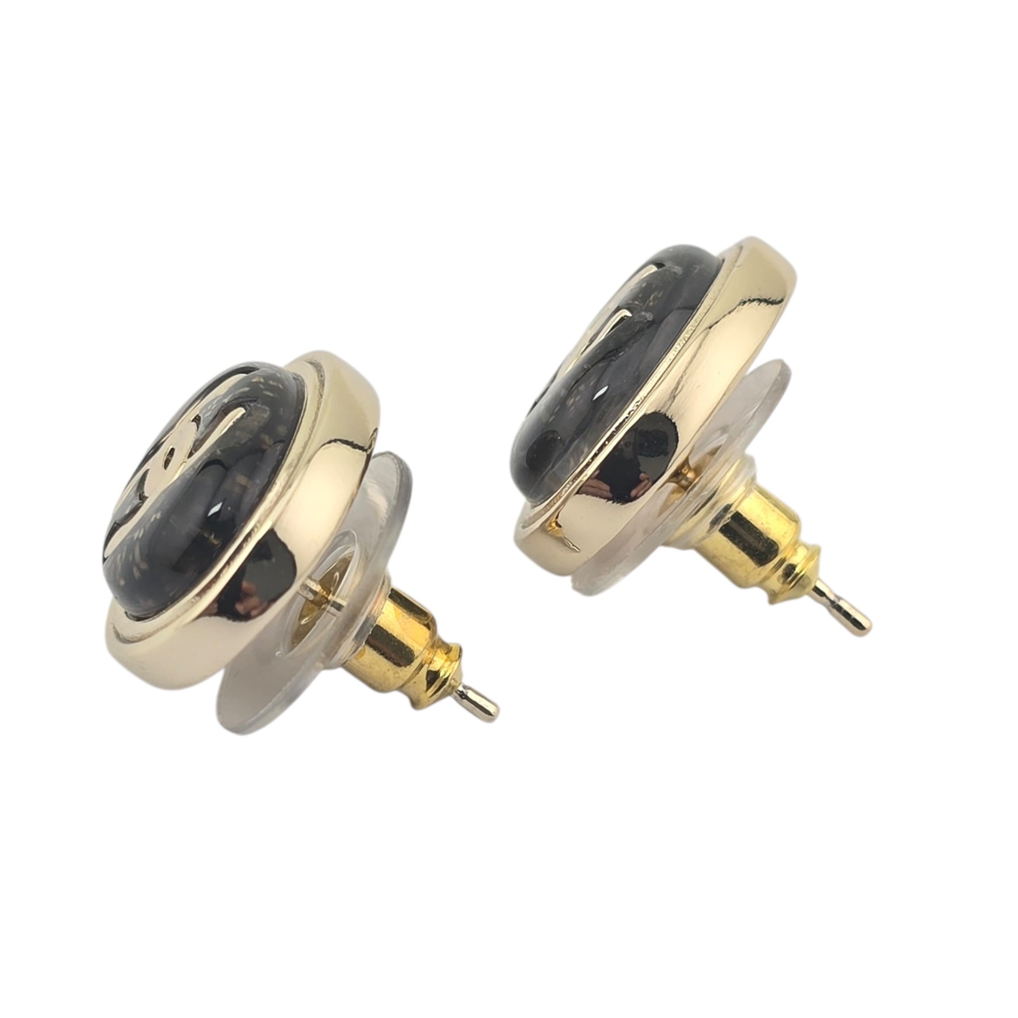 Chanel CC Metal Resin Oval Earrings Black Gold 2025 CHANEL