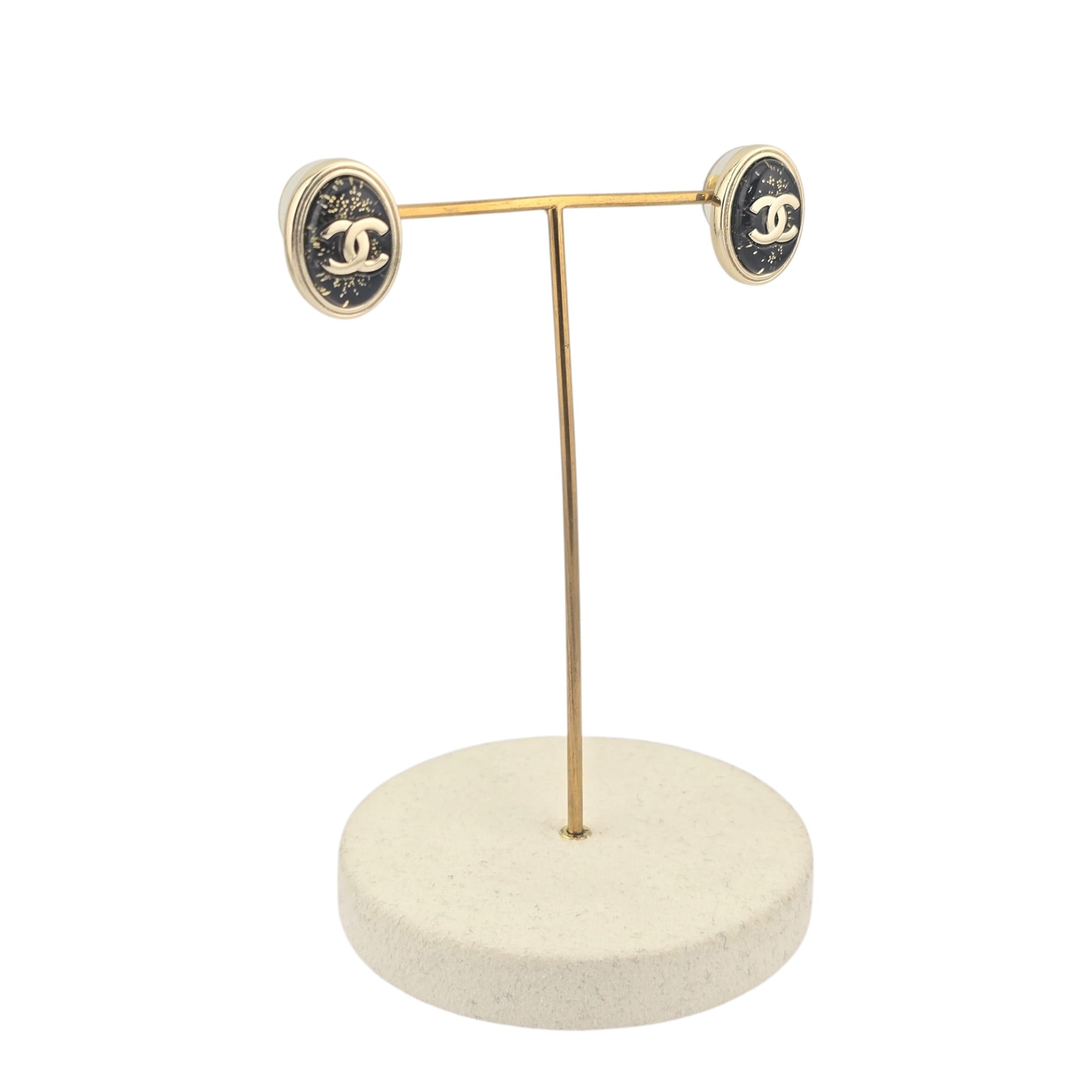 Chanel CC Metal Resin Oval Earrings Black Gold 2025 CHANEL