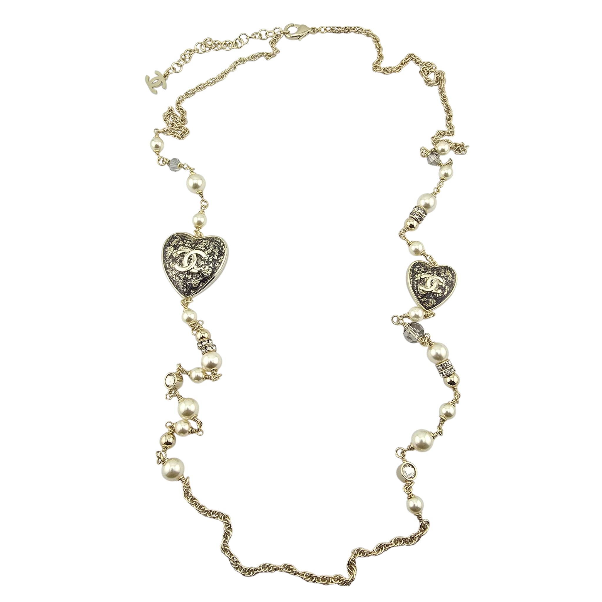 Chanel CC Long Necklace Black Gold Hearts 2024 CHANEL
