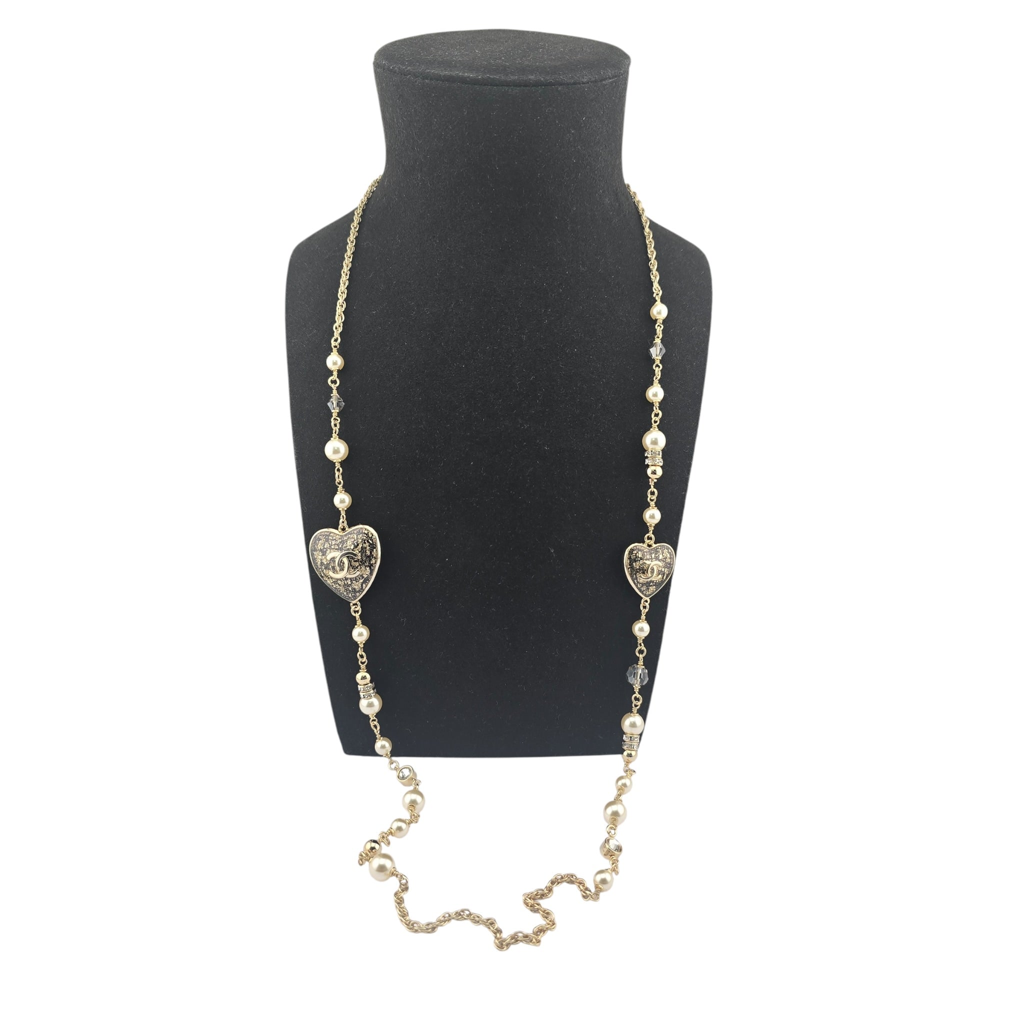 Chanel CC Long Necklace Black Gold Hearts 2024 CHANEL