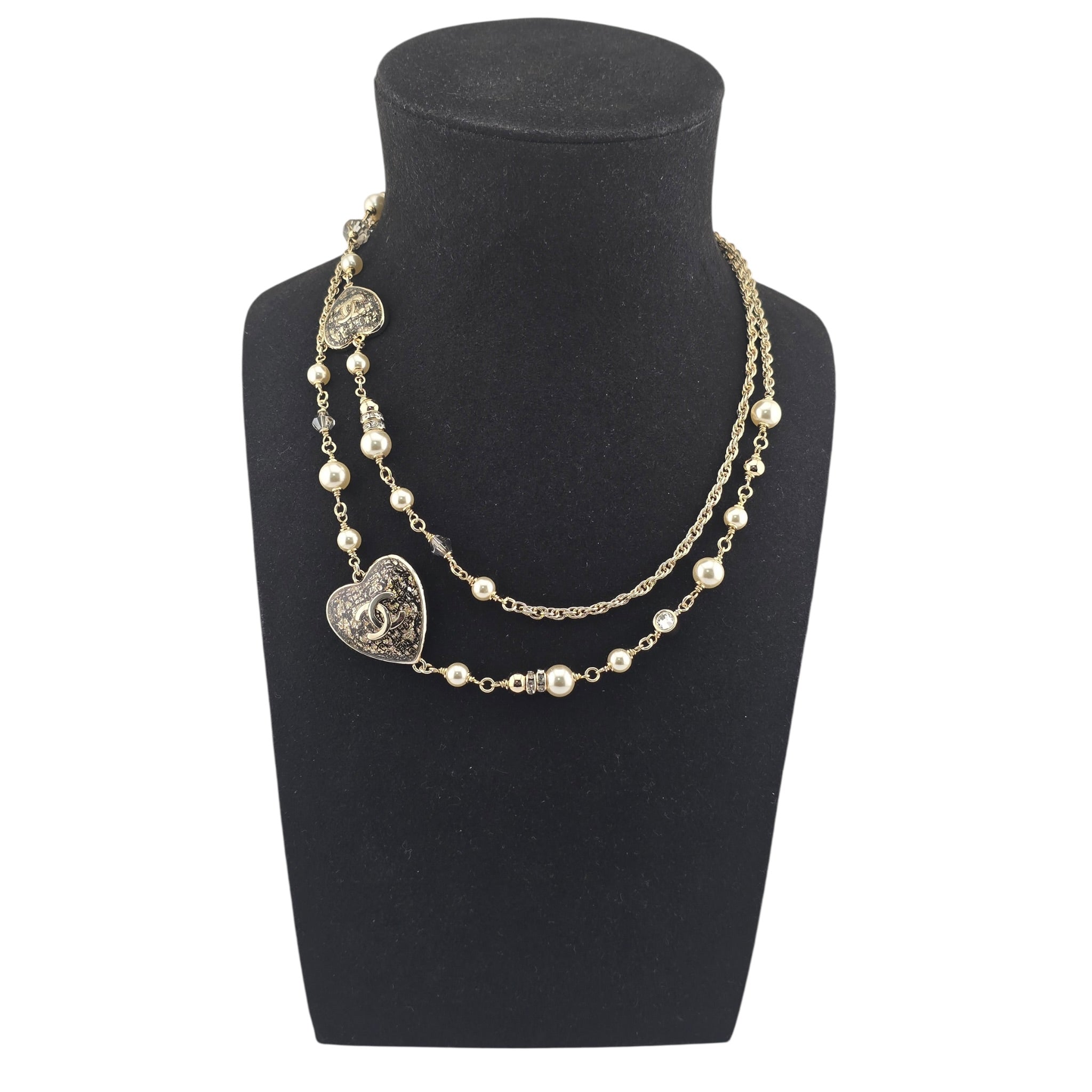 Chanel CC Long Necklace Black Gold Hearts 2024 CHANEL