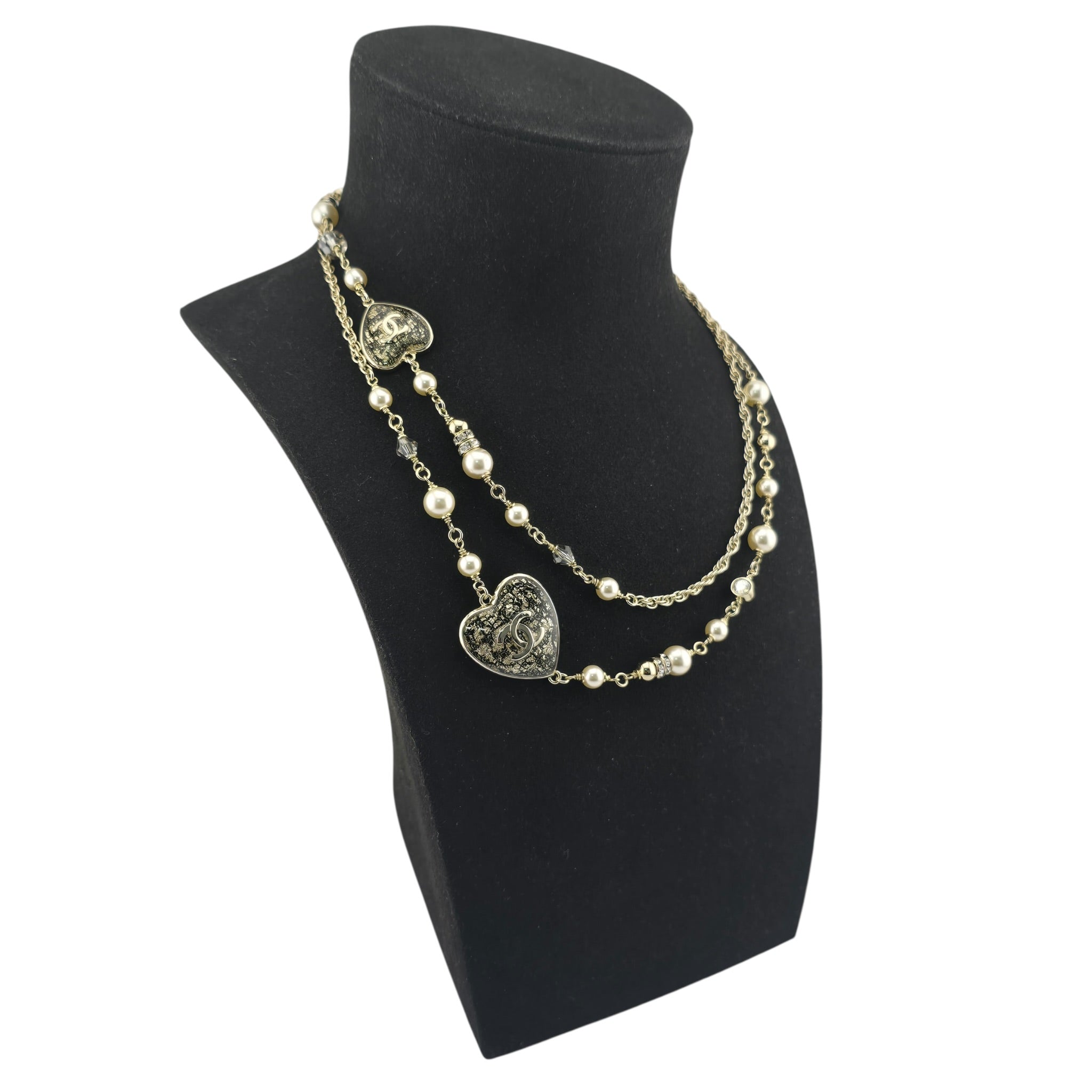 Chanel CC Long Necklace Black Gold Hearts 2024 CHANEL
