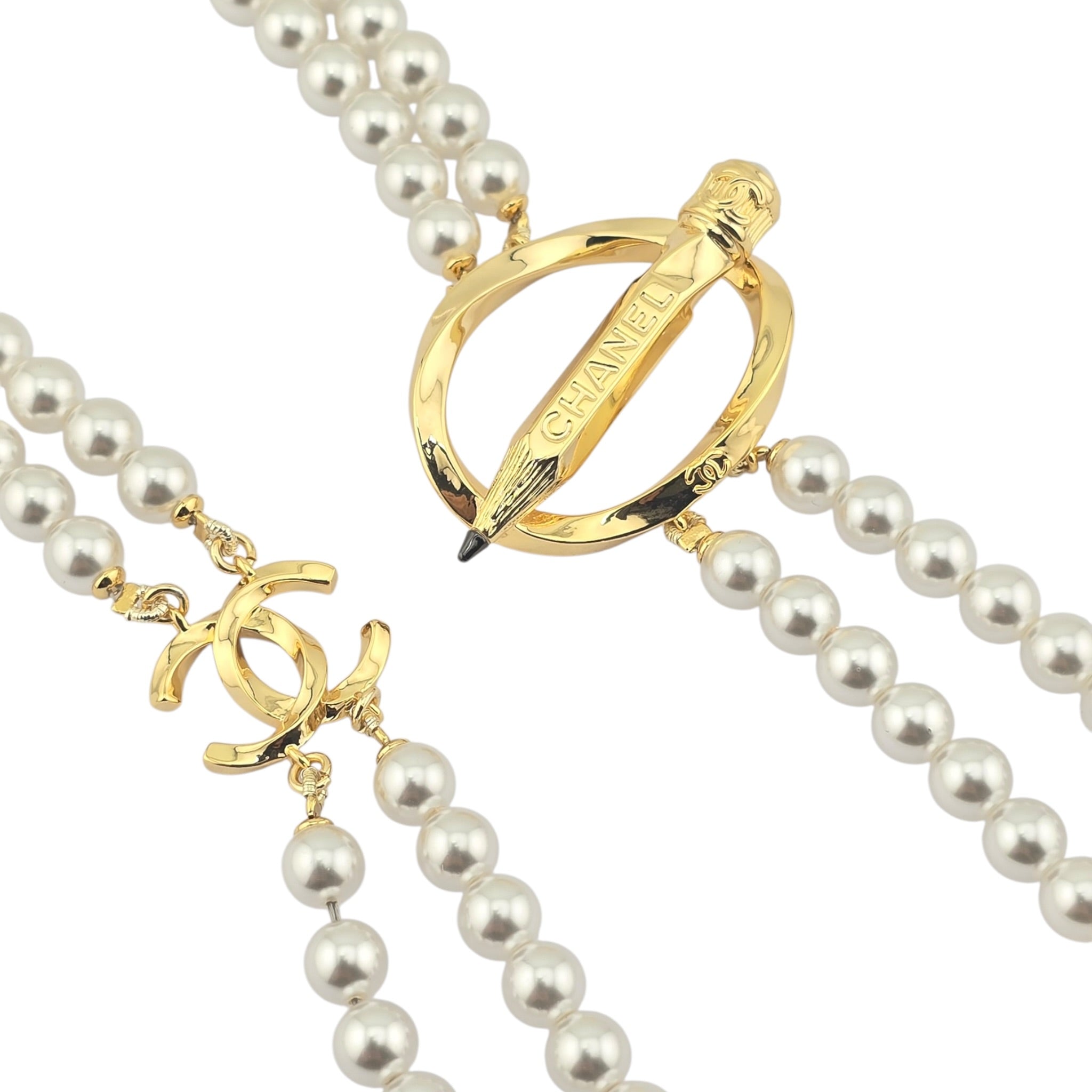 Chanel CC Gold Pencil Pendant Long Faux Pearl Necklace 2025 CHANEL