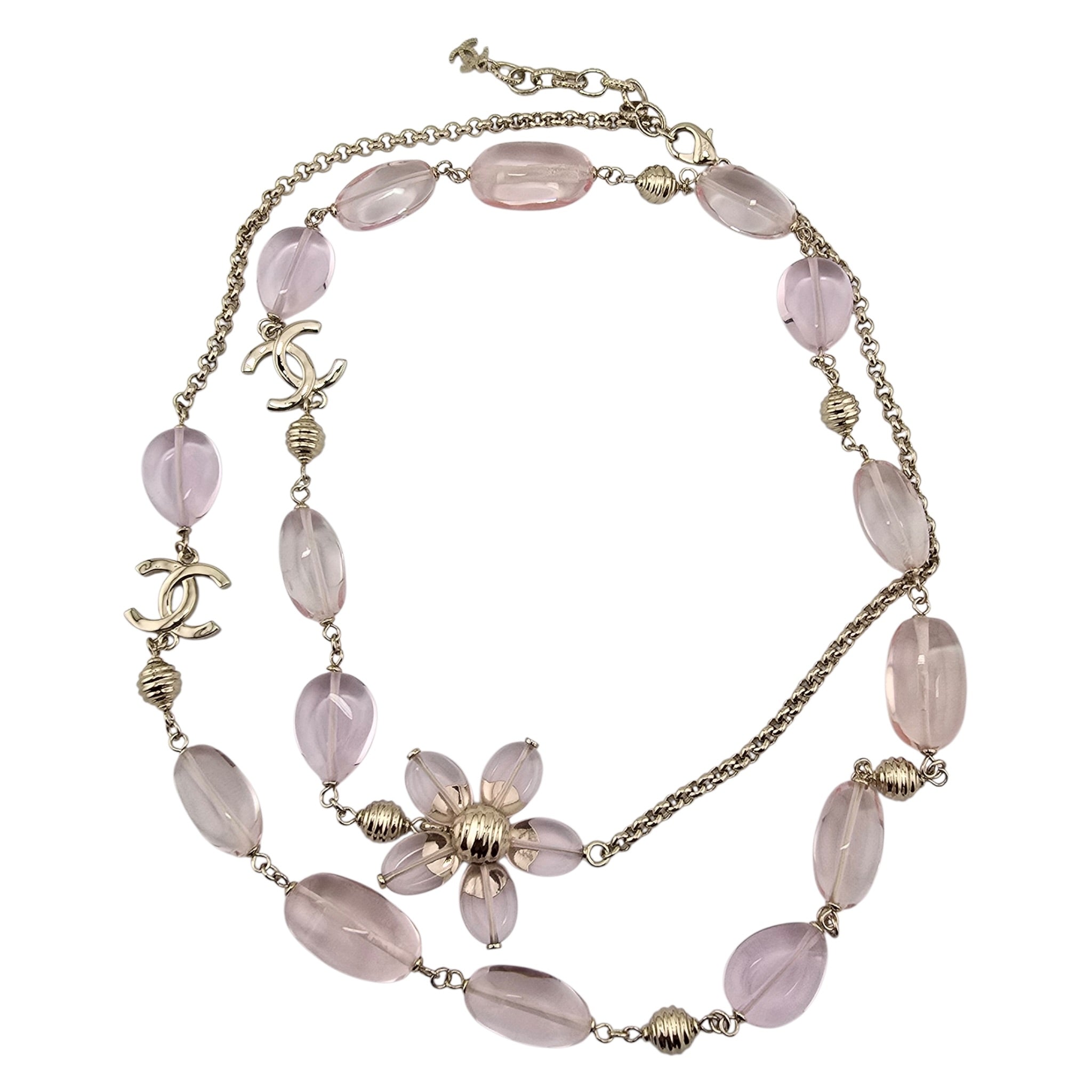 Chanel CC Pink Resin Bead Gold Long Necklace 2026 CHANEL