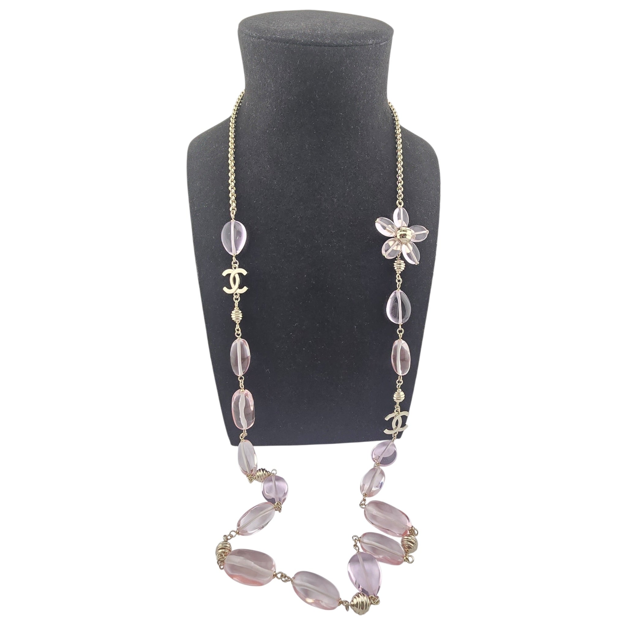 Chanel CC Pink Resin Bead Gold Long Necklace 2026 CHANEL