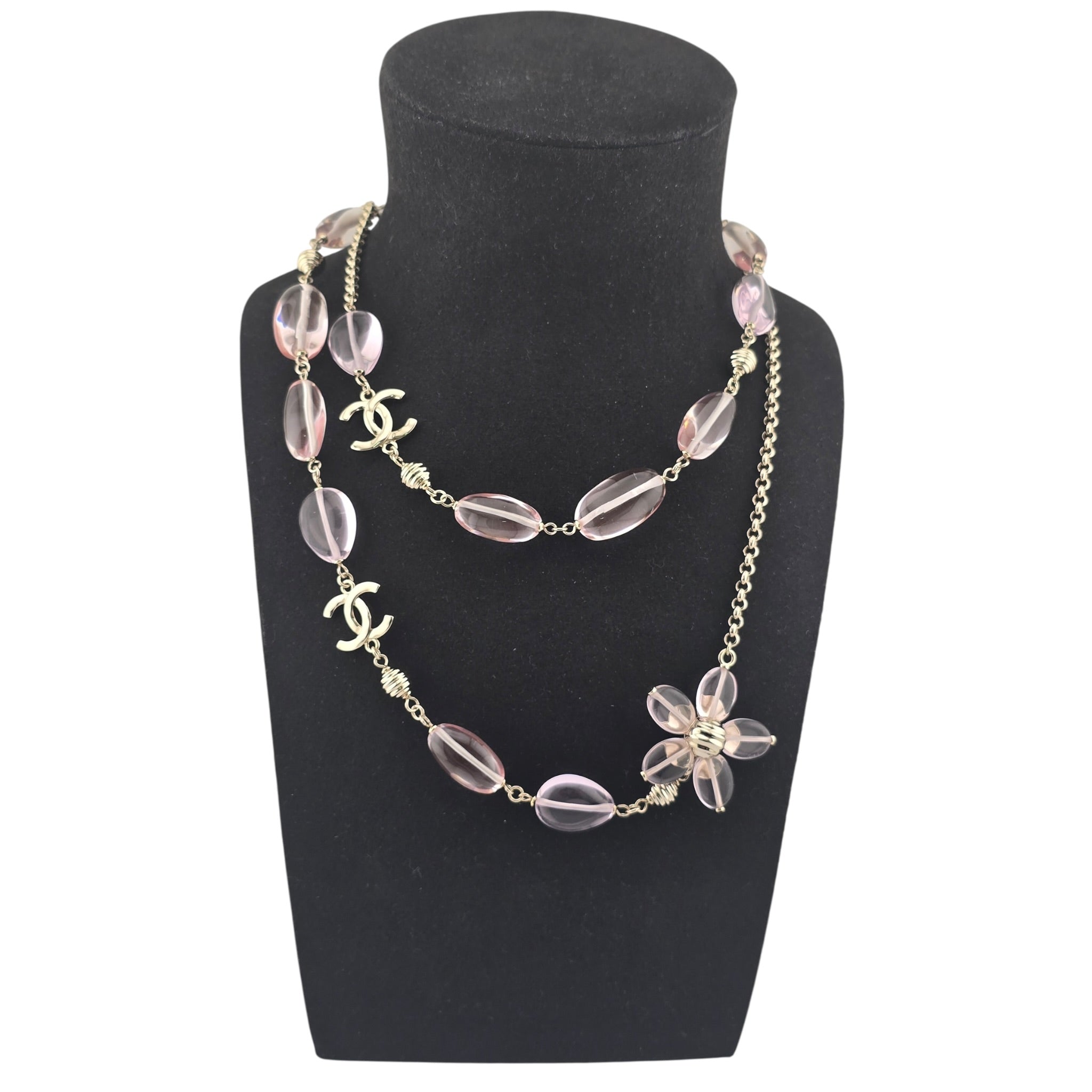 Chanel CC Pink Resin Bead Gold Long Necklace 2026 CHANEL