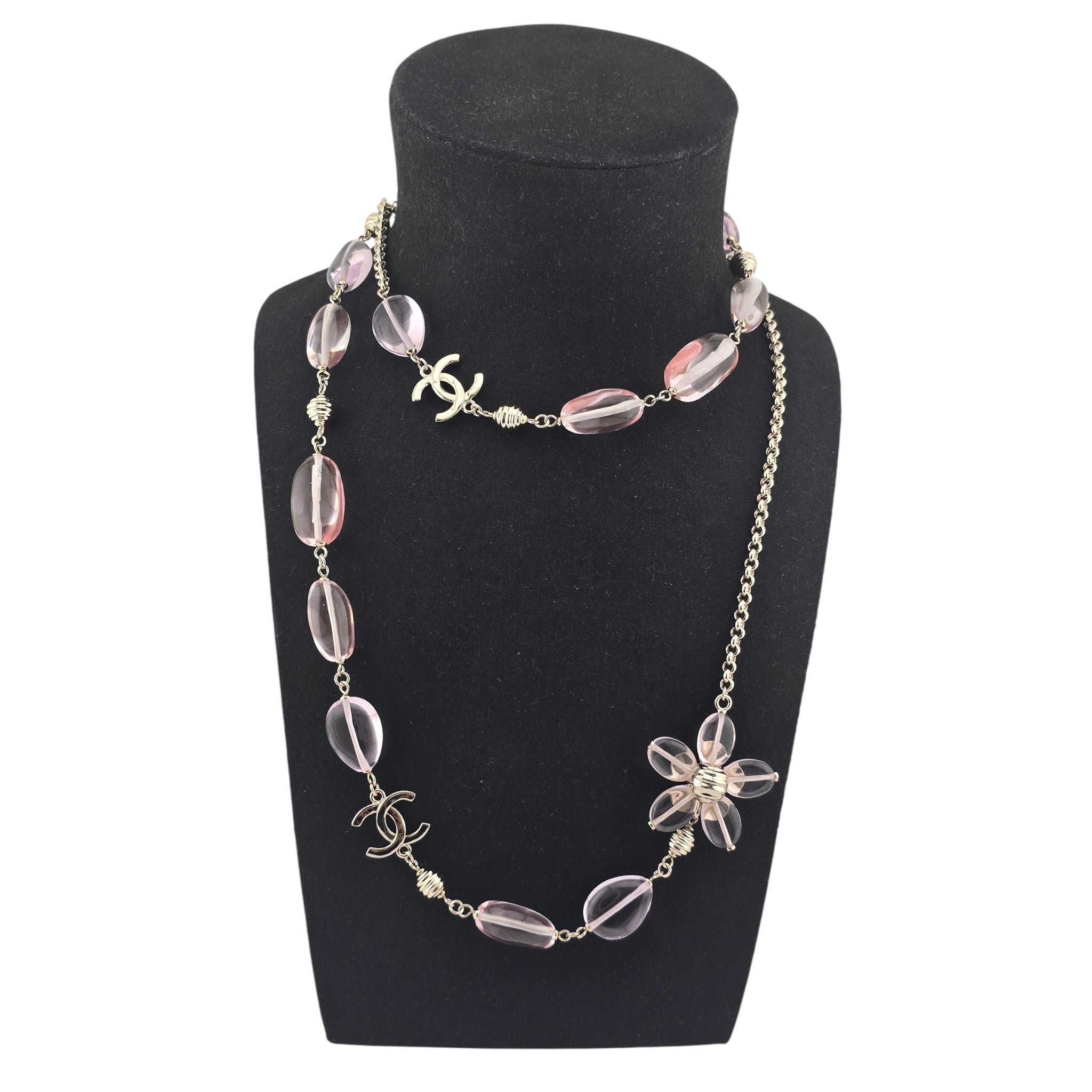 Chanel CC Pink Resin Bead Gold Long Necklace 2026 CHANEL