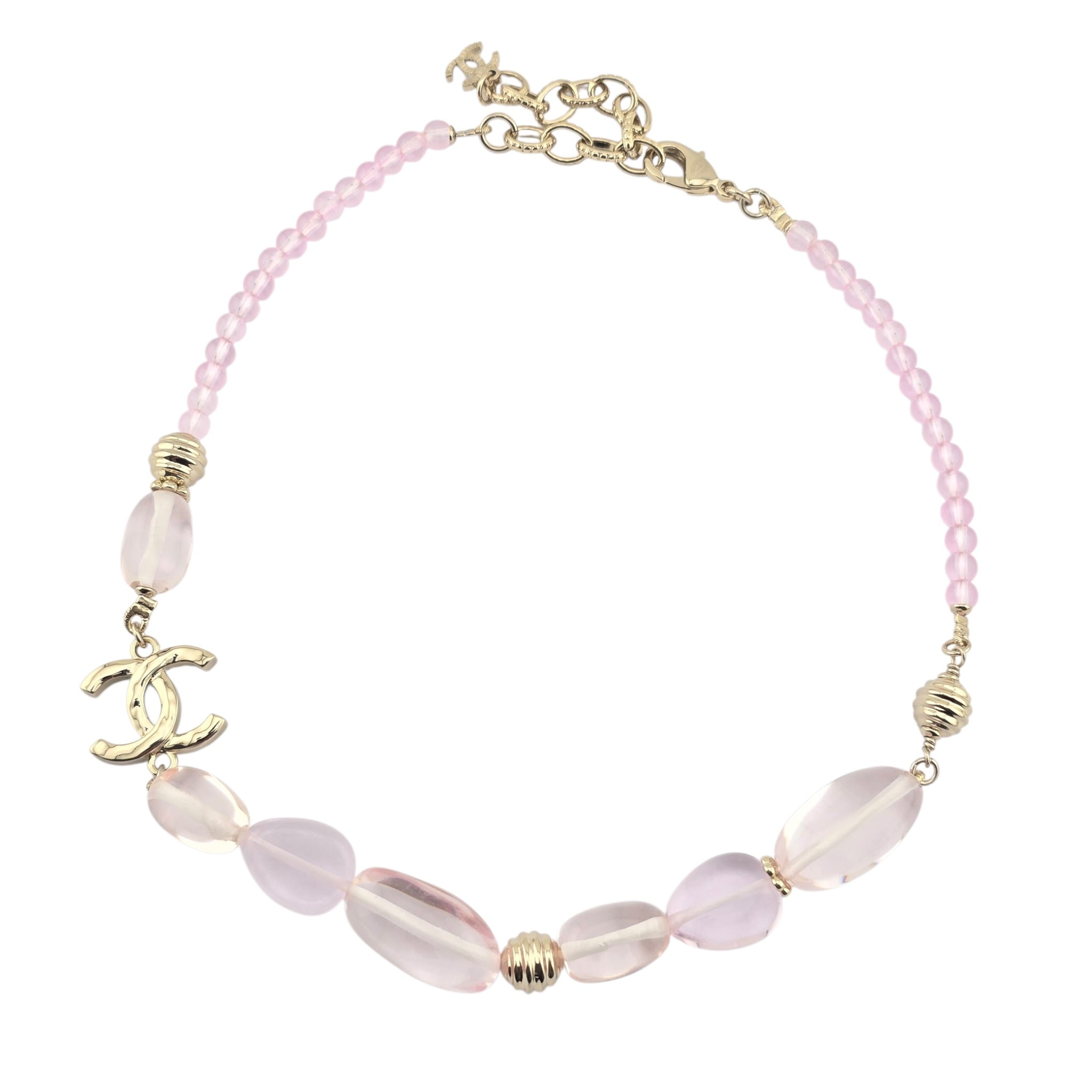 Chanel CC Pink Resin Bead Gold Necklace 2025 CHANEL