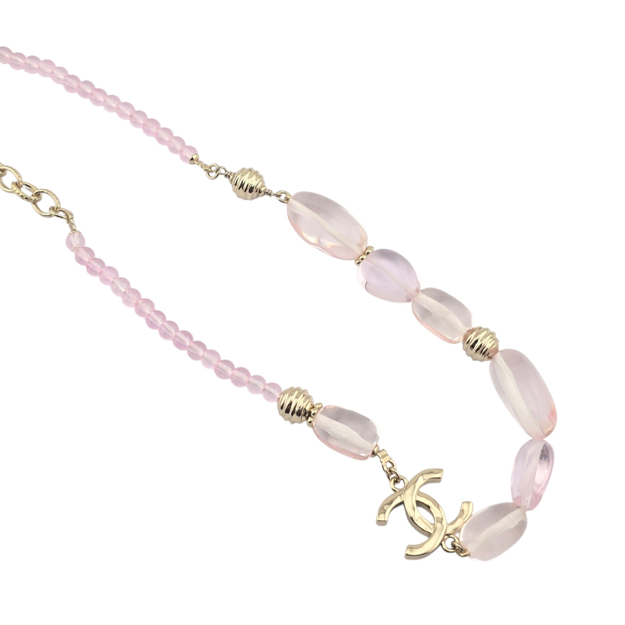 Chanel CC Pink Resin Bead Gold Necklace 2025 CHANEL