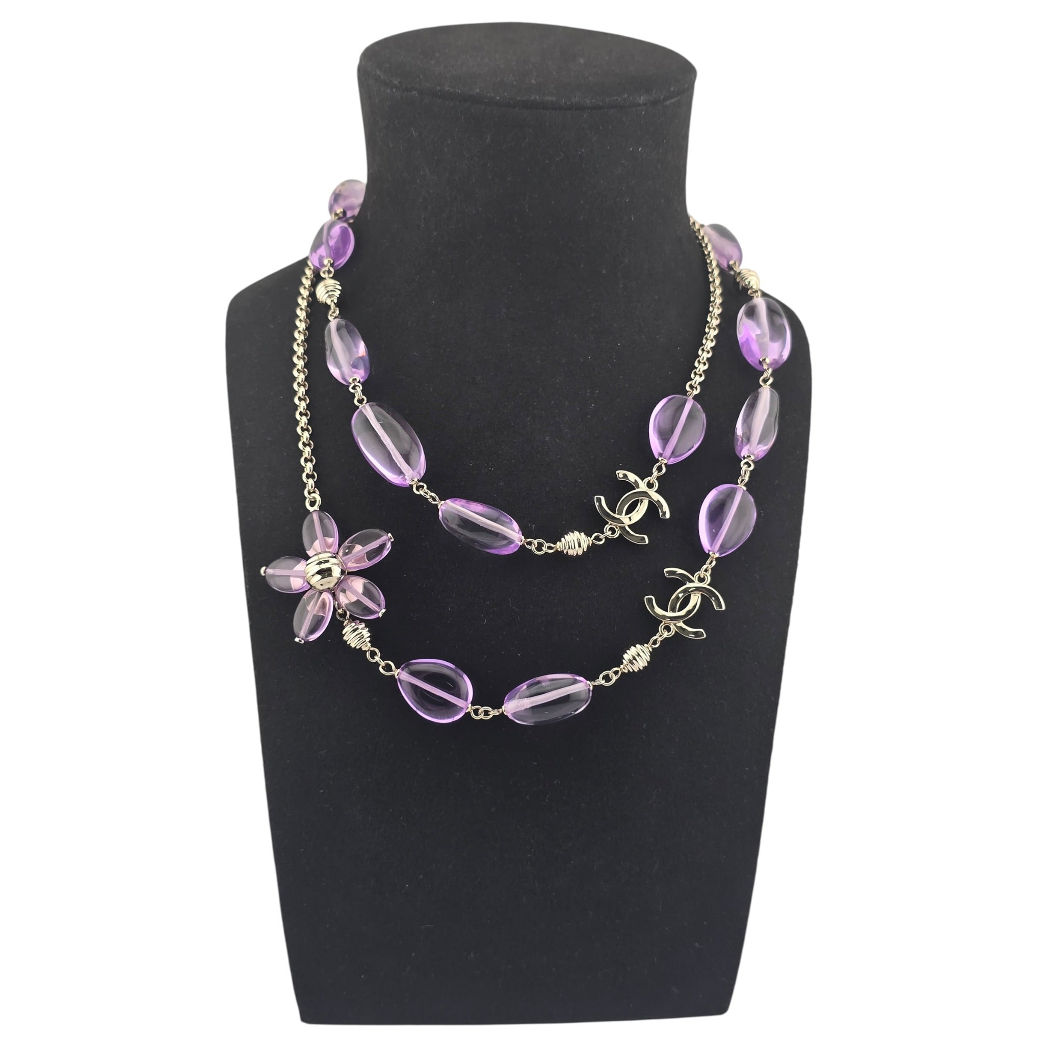 Chanel CC Purple Resin Bead Gold Long Necklace 2026 CHANEL