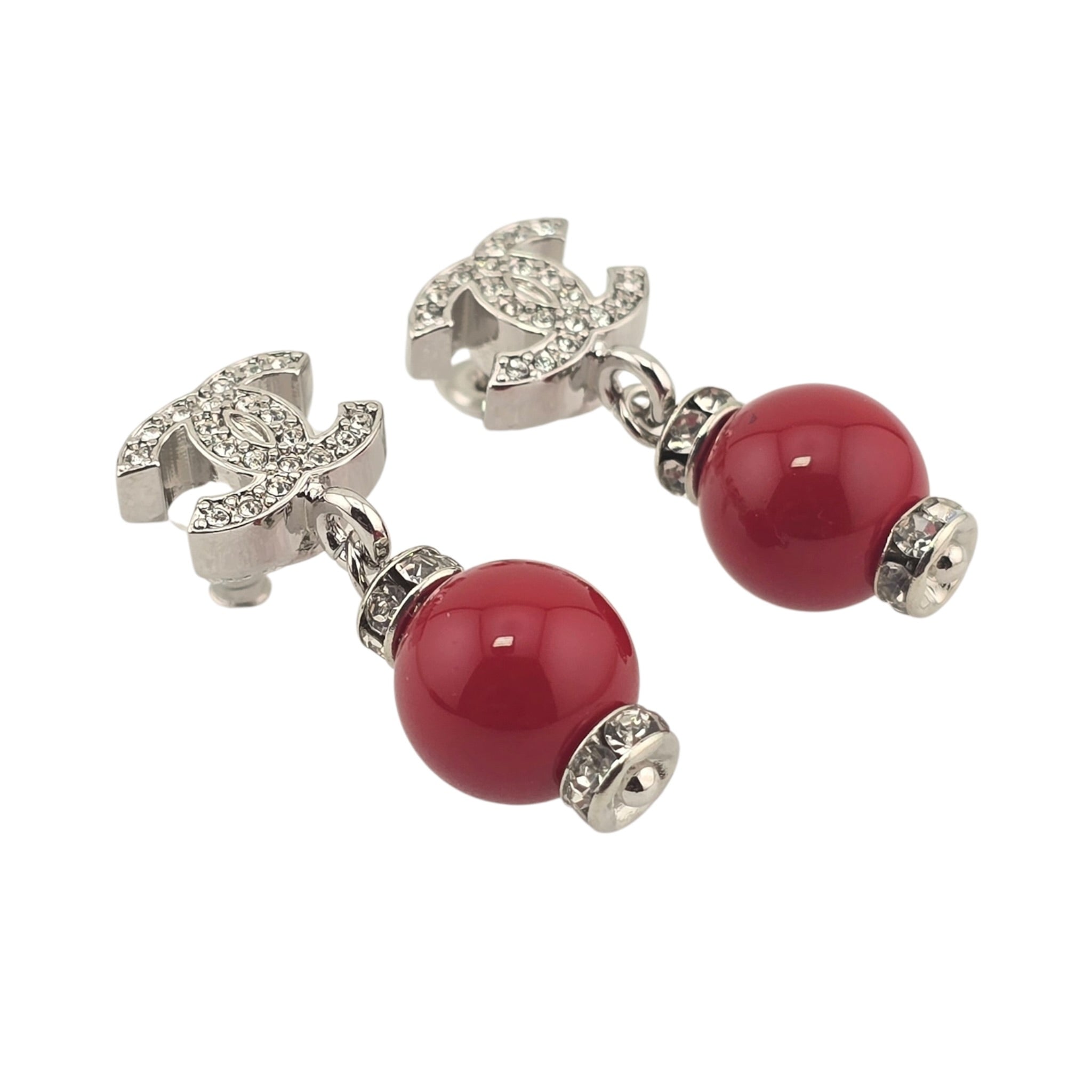 Chanel CC Pearl Drop Earrings Silver Red 2026 CHANEL