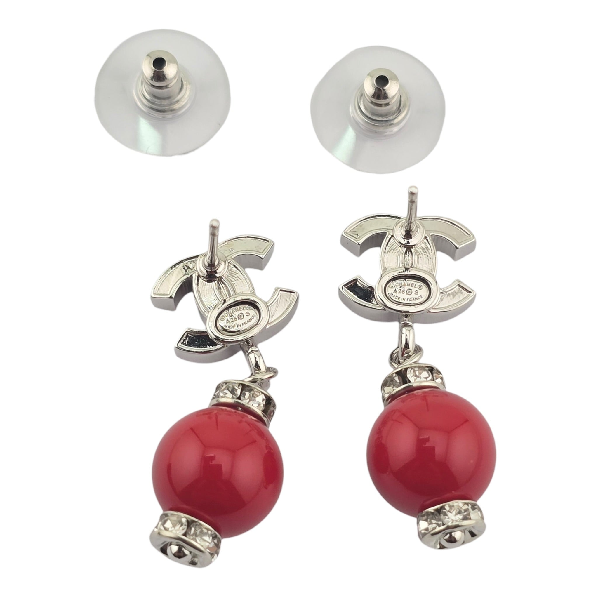 Chanel CC Pearl Drop Earrings Silver Red 2026 CHANEL
