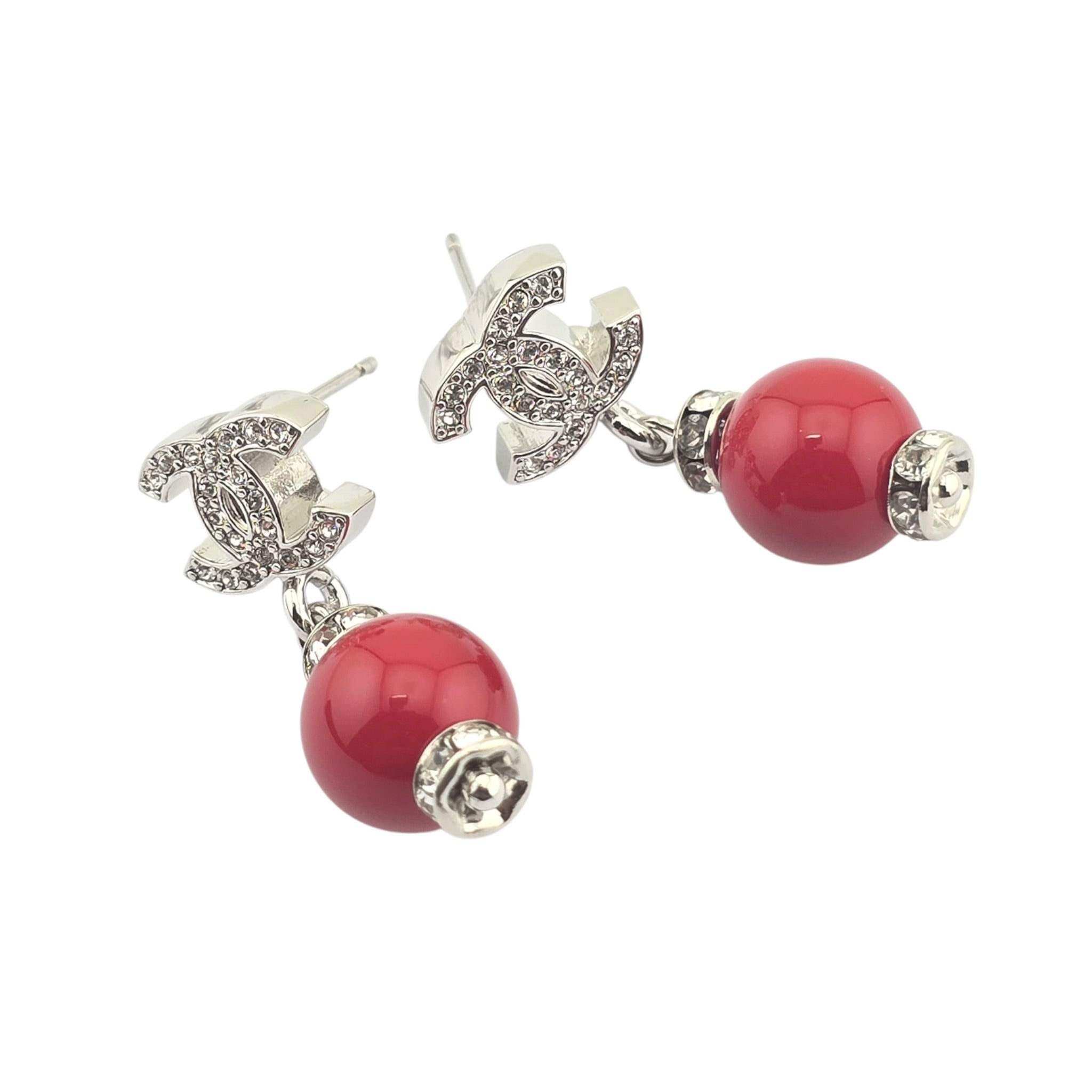 Chanel CC Pearl Drop Earrings Silver Red 2026 CHANEL