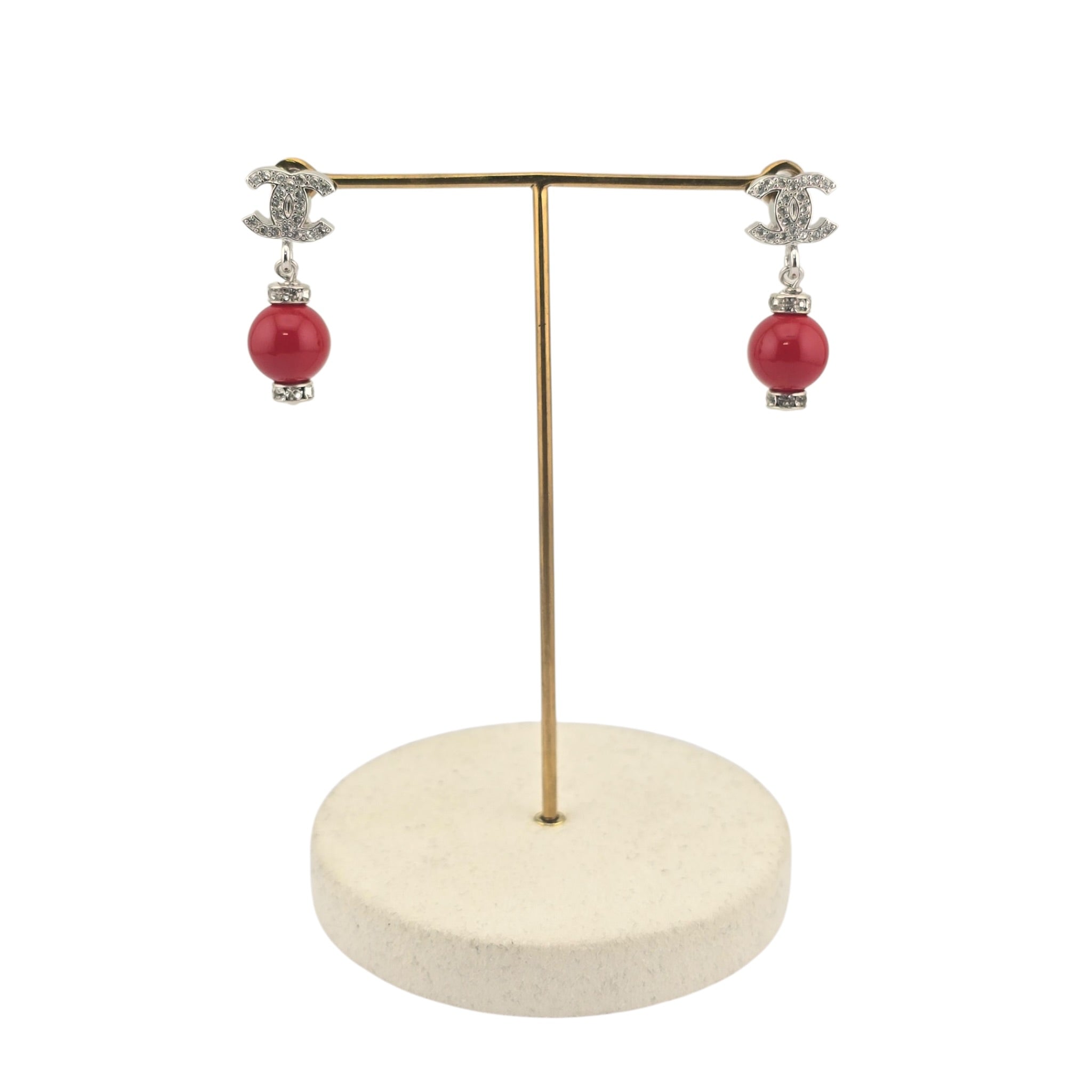 Chanel CC Pearl Drop Earrings Silver Red 2026 CHANEL