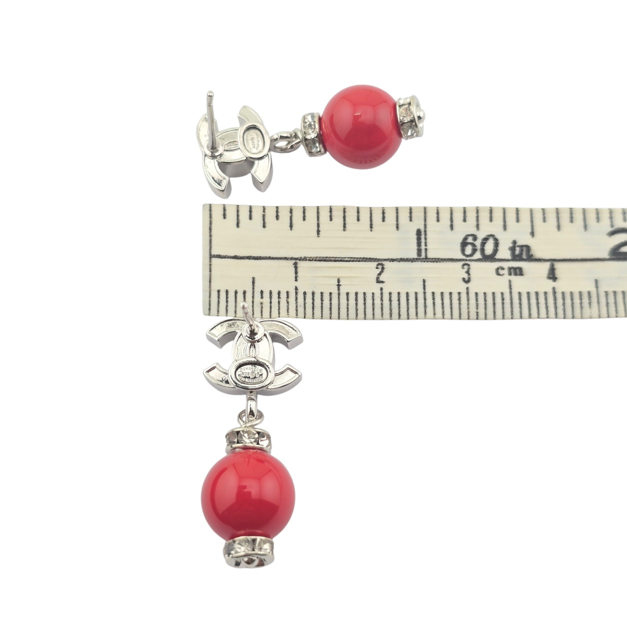 Chanel CC Pearl Drop Earrings Silver Red 2026 CHANEL